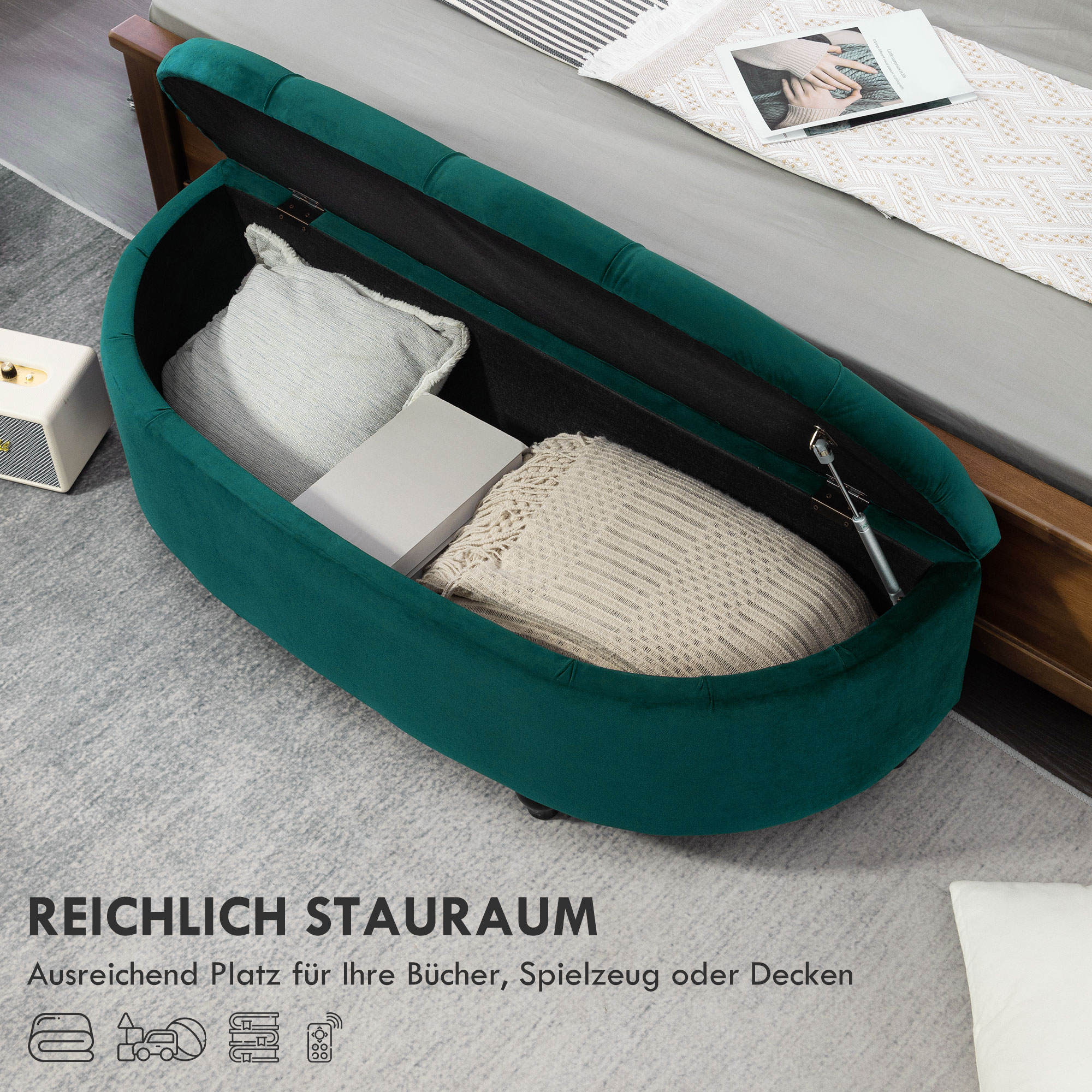 Kruk met Opbergruimte, 2-in-1 Poef, Gepolsterd, Fluwelen Bekleding, Hydraulische Dempers, 120 x 46 x 42 cm, Donkergroen