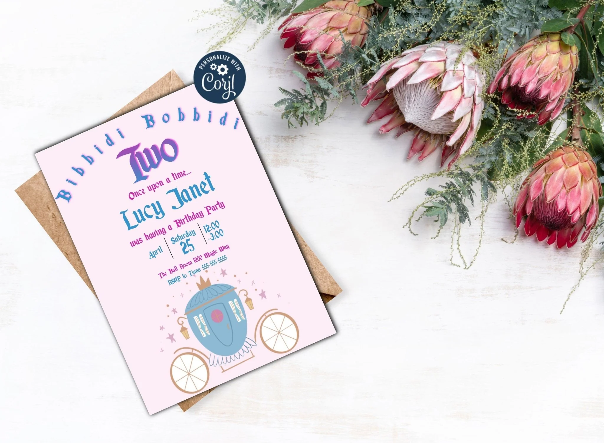 Bibbidi Bobbidi Two Birthday Invitation | Cinderella Invite Template | Fully Customizable | Magical theme, Children��s Birthday Invitation