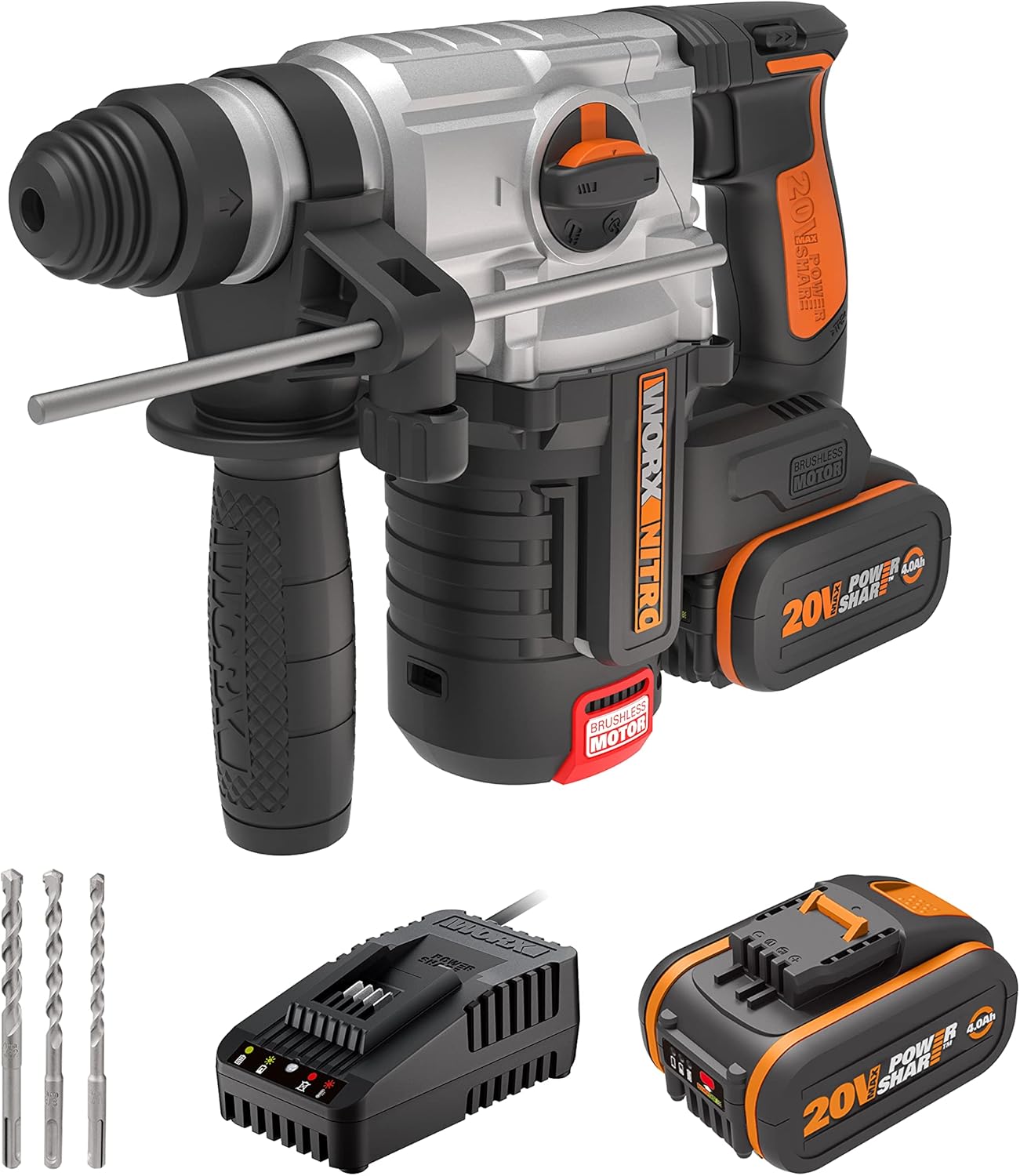 WORX NITRO WX380 Akku-Bohrhammer 20V - zum Bohren, Hammerbohren & Meißeln - bürstenloser Motor - stufenlose Drehzahleinstellung - verschiedene Stoff kompatibel - inkl. 2x4Ah Akkus & Schnellladgerät