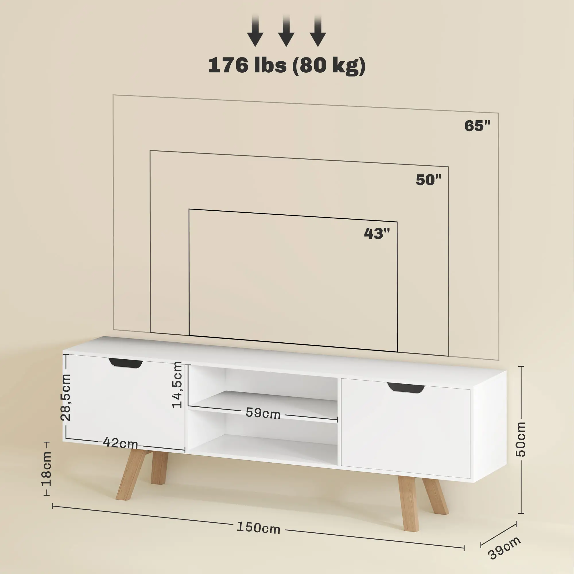 HOMCOM TV-meubel 65 inch met kabelbeheer en 2 kasten Wit