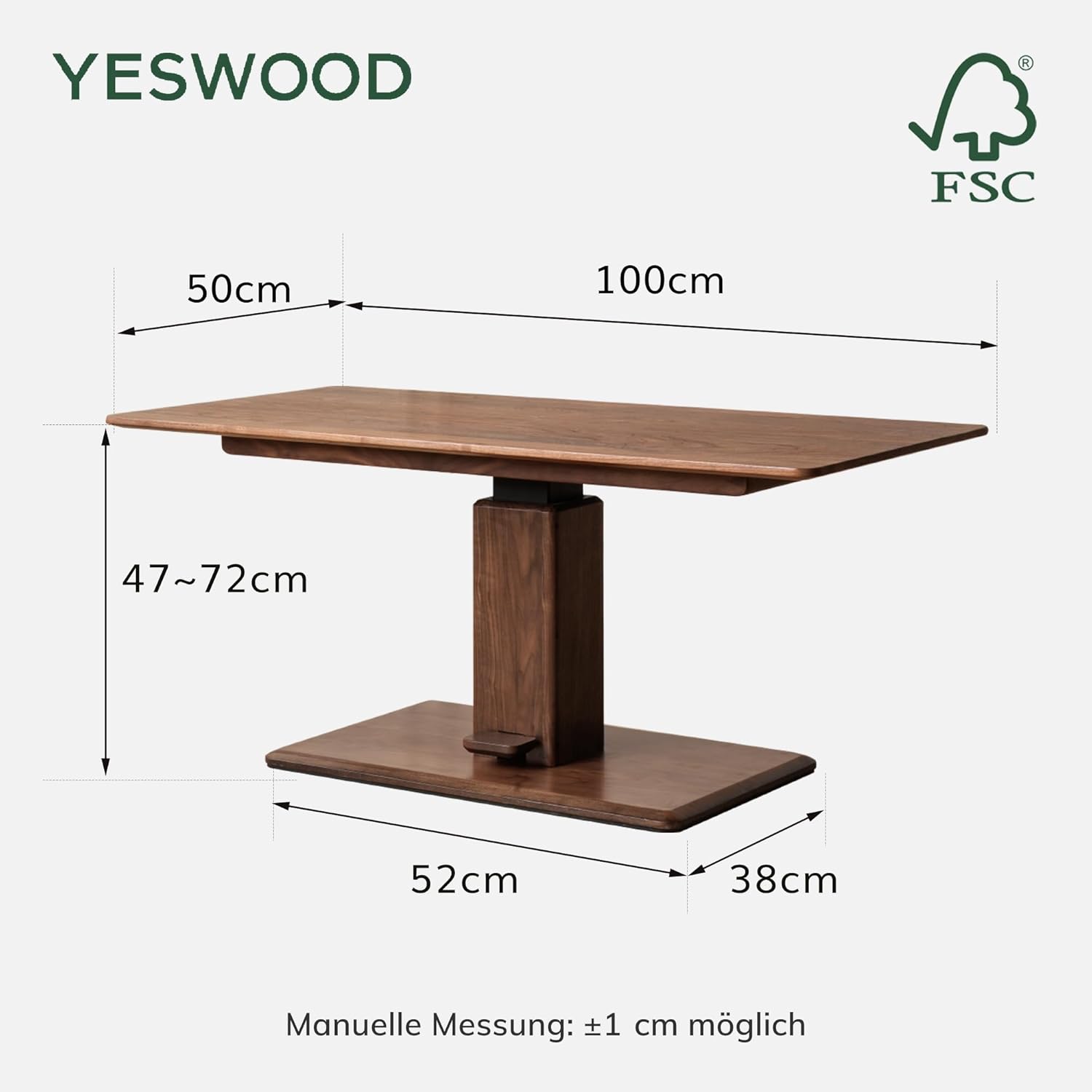 YESWOOD Höhenverstellbarer Couchtisch aus Eiche Massivholz, Modernes Design, Wohnzimmertisch aus Massivholz, Verstellbare Tischplatte 47–72 cm, 100 x 50 x 47 cm, Walnuss