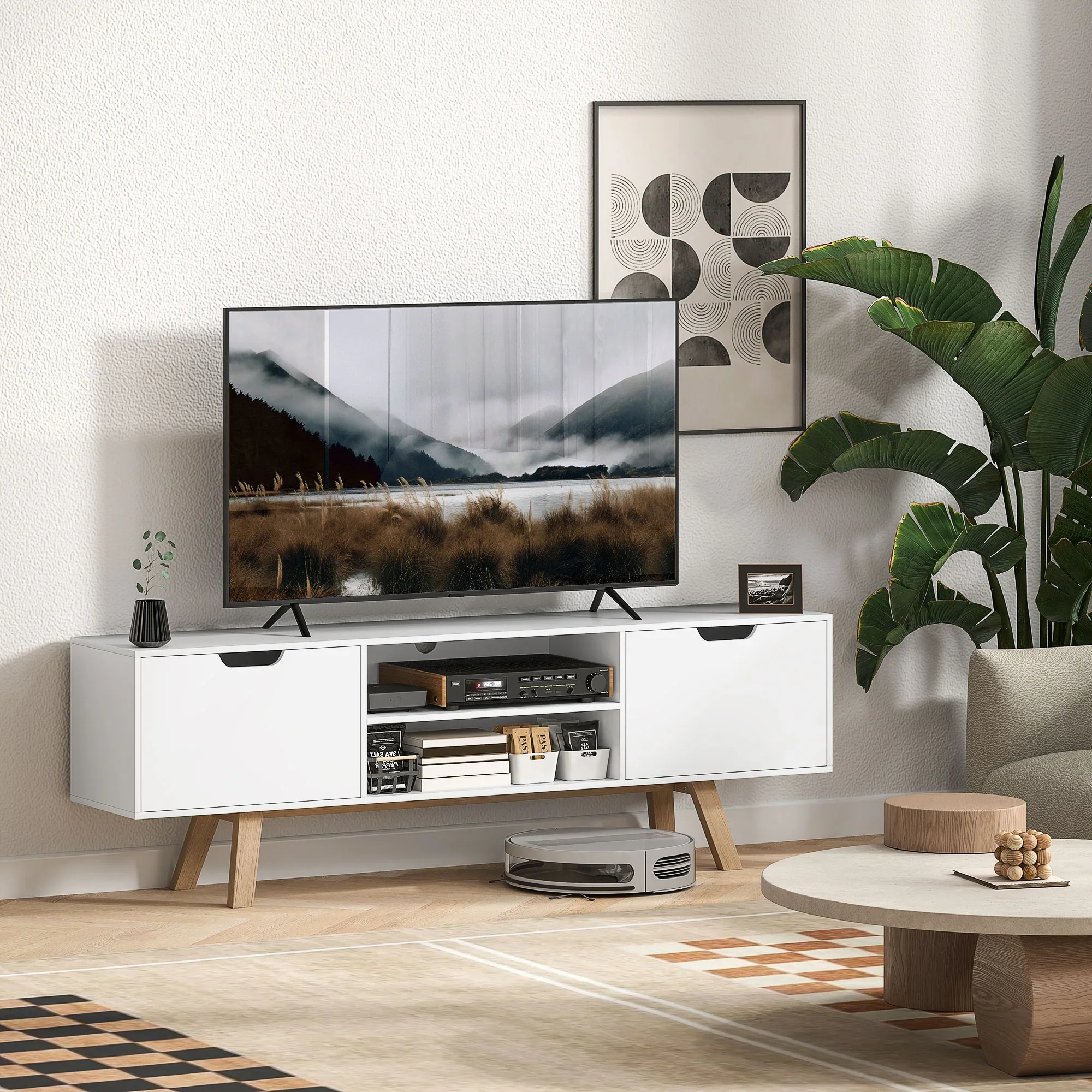 HOMCOM TV-meubel 65 inch met kabelbeheer en 2 kasten Wit