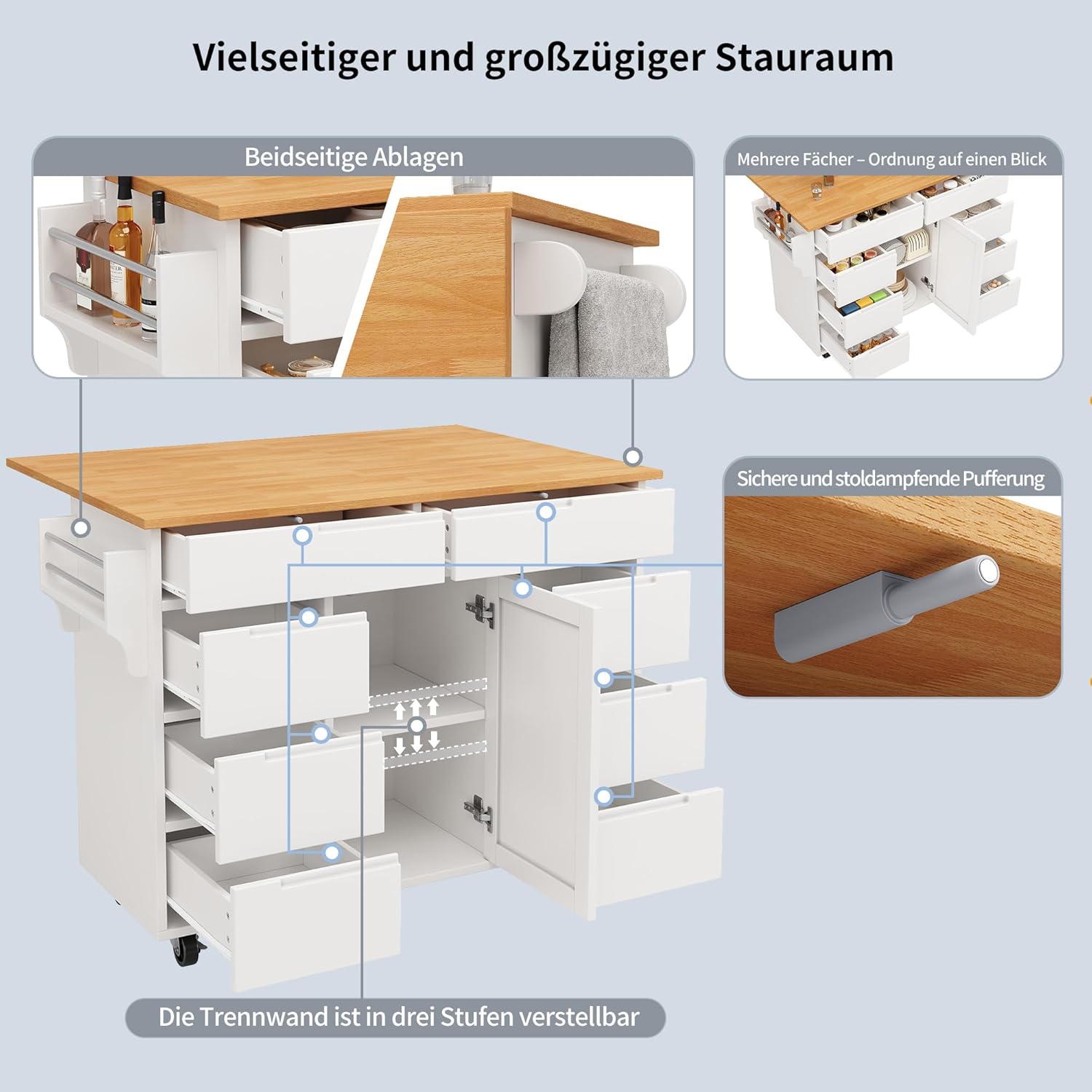 Kücheninsel, Moderne Küchenschrank, Ausziehbarer Küchenwagen mit Rollen und Arbeitsplatte, Servierwagen mit Gewürzregal und 8 Schubladen (Weiß)