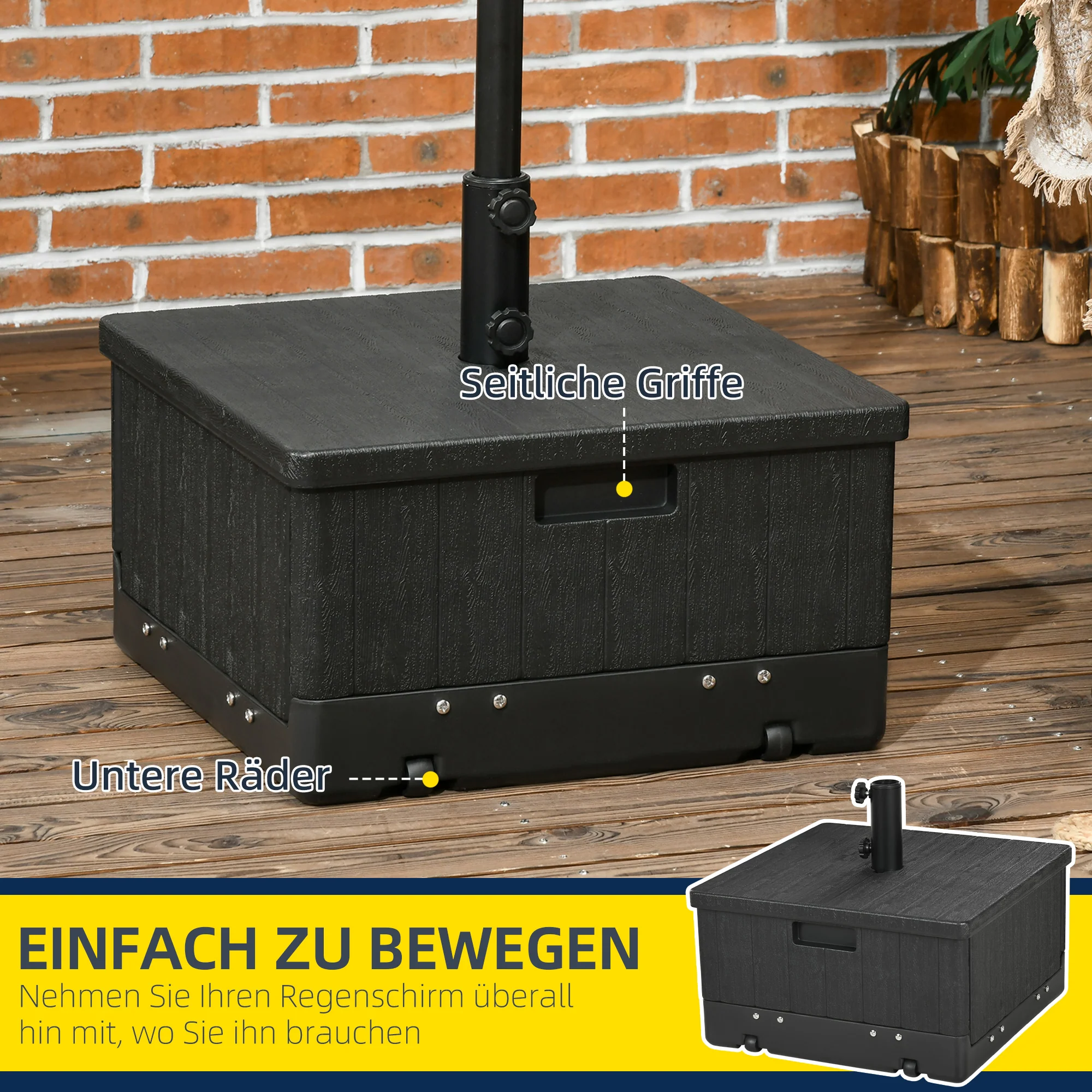 Outsunny 3-in-1 Parasolvoet, Bijzettafel, Bloembak, tot 80 kg zand, weerbestendig, Zwart