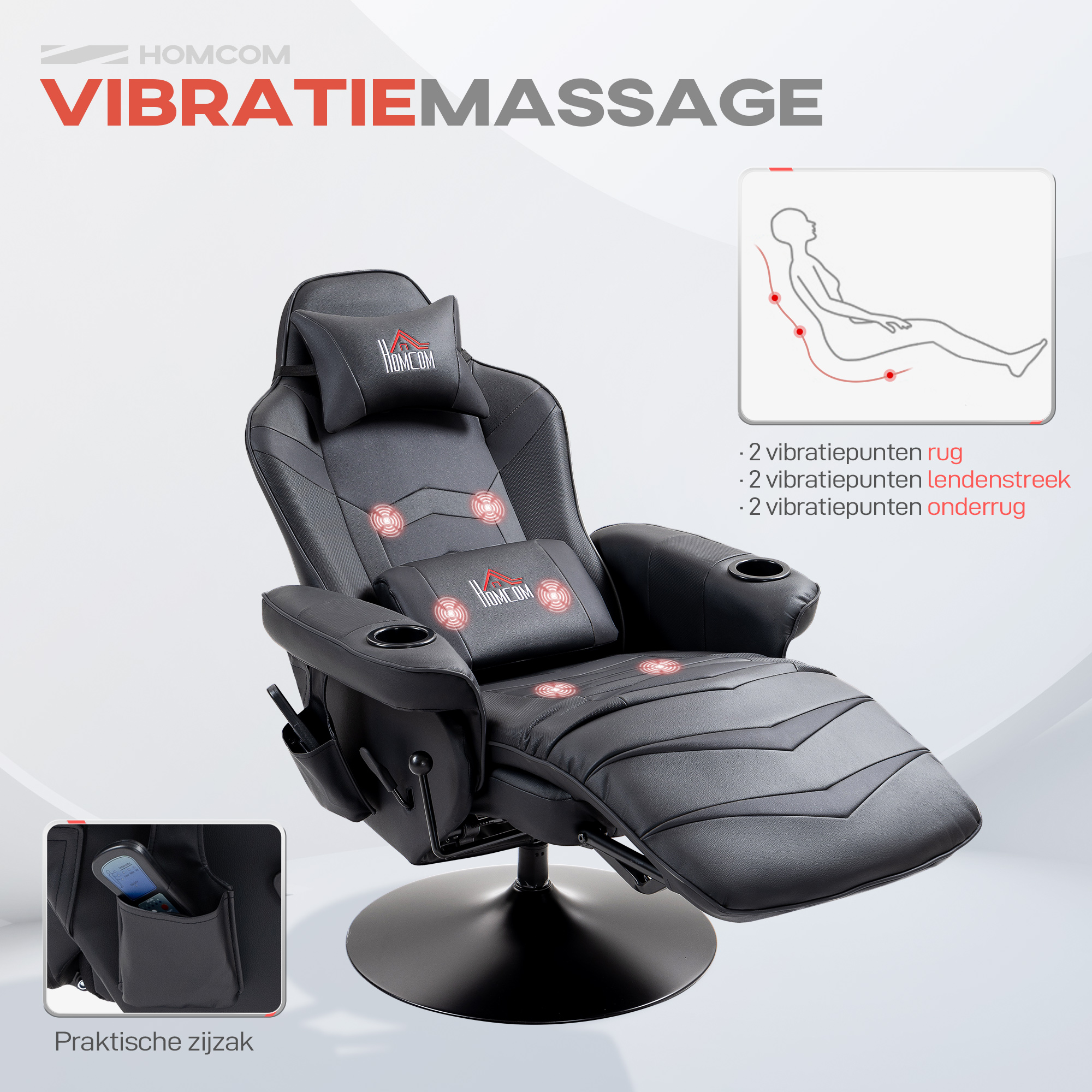 Gamingstoel, Massagefunctie, Kantelbare Rugleuning, Voetensteun, tot 120 kg, Stalen Frame, Kunstleer, Zwart