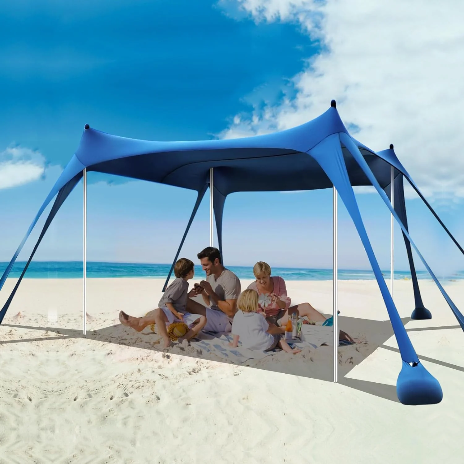 Beach Tent Sun Shelter. 10 x 10 FT Beach Canopy Tent Sun Shade Heavy Duty. UPF50+ Beach Tent Canopy with 8 Sandbags & 4 Stability Poles. Outdoor Beach Shade Canopy for Camping and Fishing. Blue