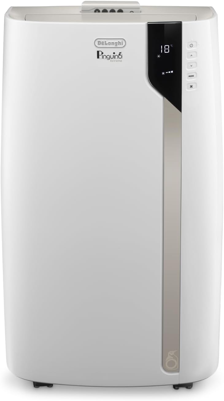 De'Longhi Pinguino PAC EM82, Mobile Klimaanlage für Räume bis zu 80 m³, 9.400 BTU, 2,4 kW, 63 dB, Entfeuchtungsfunktion, Energieklasse A, 24h-Timer, Weiß