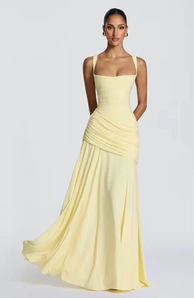 Maxikleid Damen f��r Hochzeitsg?ste | Elegantes Viskose Kleid mit Raffung und Herzausschnitt | Bodenlanges Abendkleid