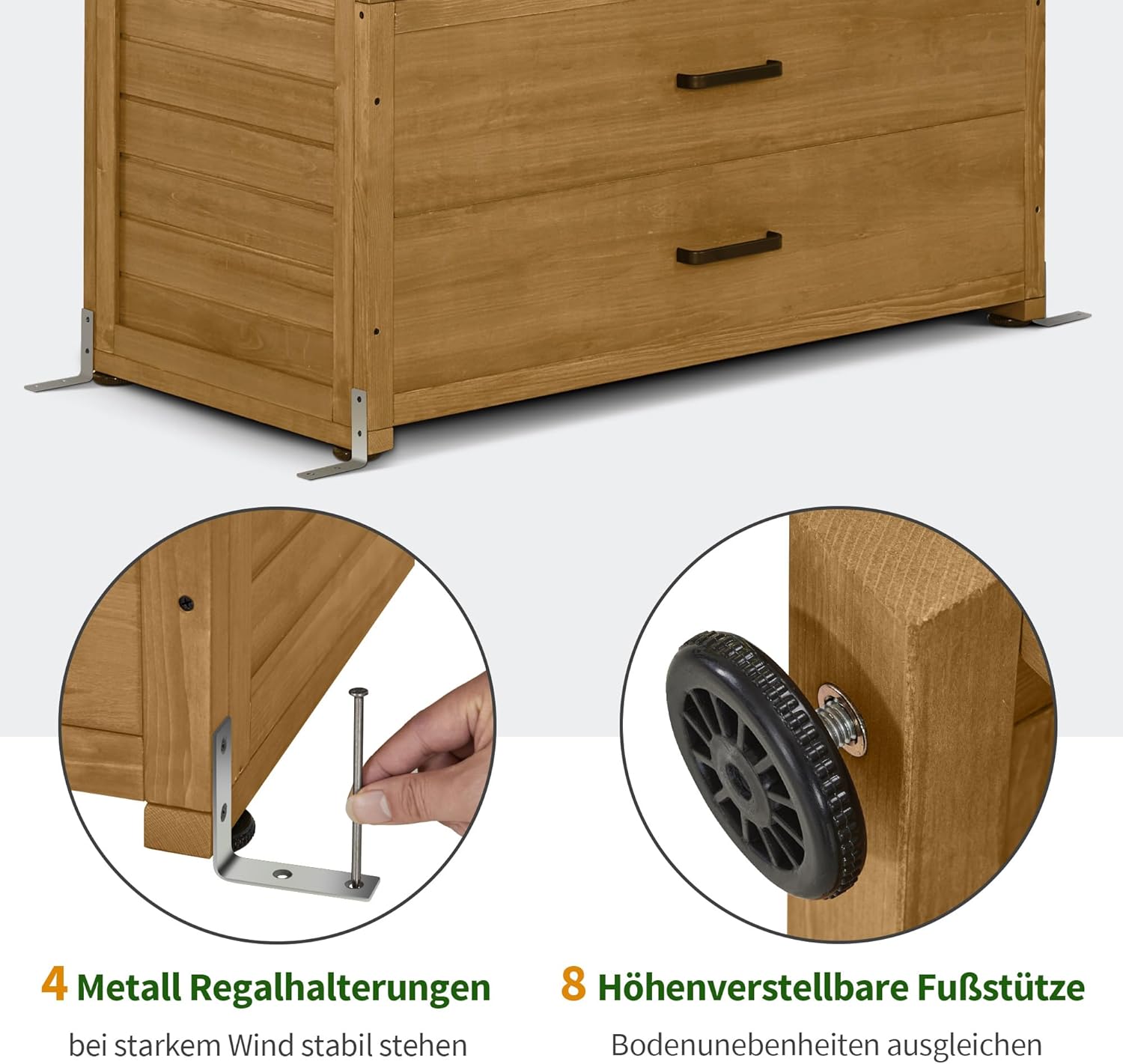 M MCombo Gartenschrank Gartenhaus Holz Wetterfest, Geräteschrank Gerätehaus Outdoor, für Außenbereich Balkon Terrasse, Gartenhütte mit 2 Bewegliche Regale, 58×107×180 cm, 1155 (Natur)