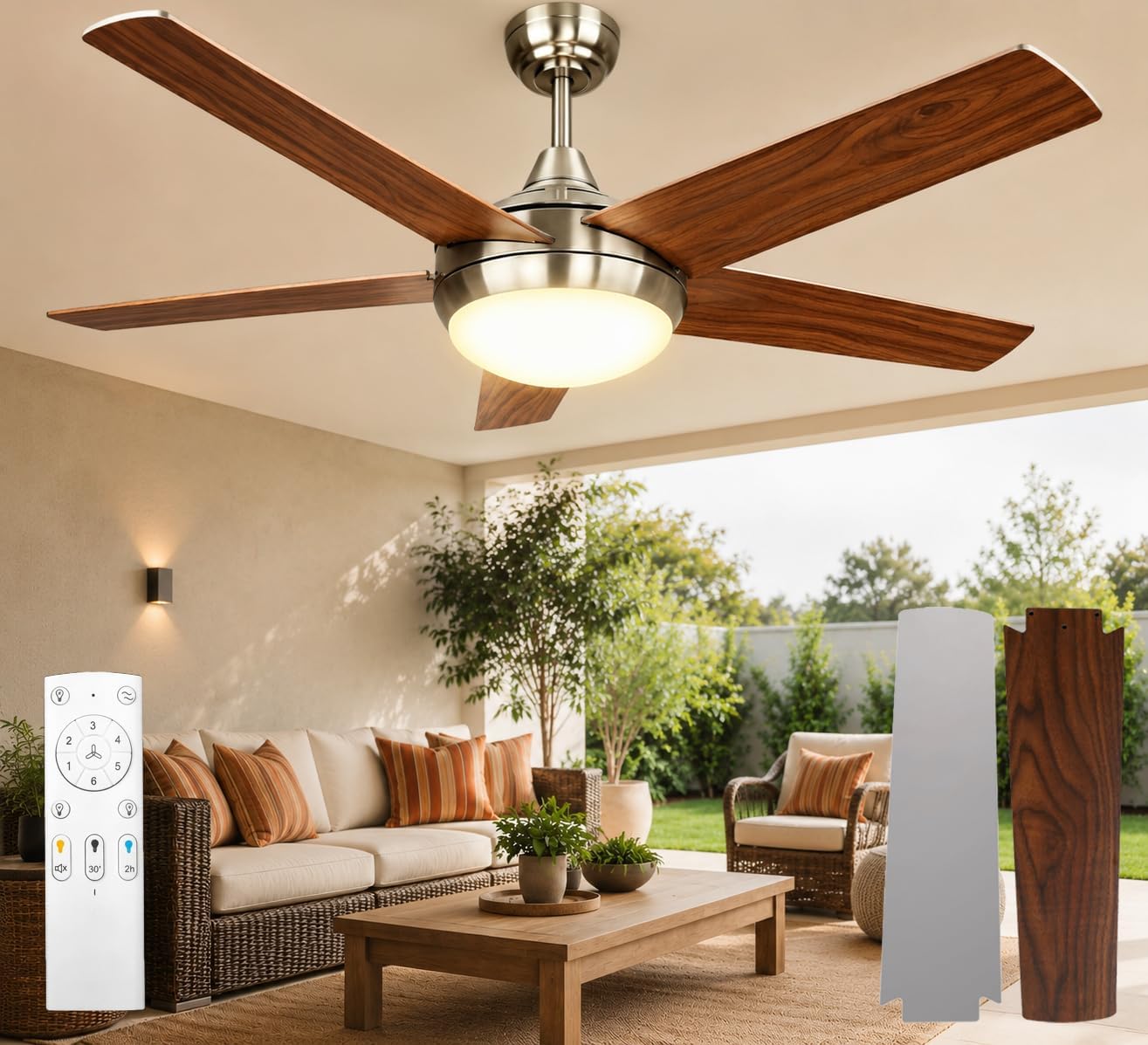 Deckenventilator mit Beleuchtung, Leiser DC-Ventilator 132cm mit Fernbedienung, Dimmbare Lampe 3000K-6500K, 5 Flügel, 6 Geschwindigkeiten, Timer, für Schlafzimmer, Esszimmer, Wohnzimmer, Küche, Büro
