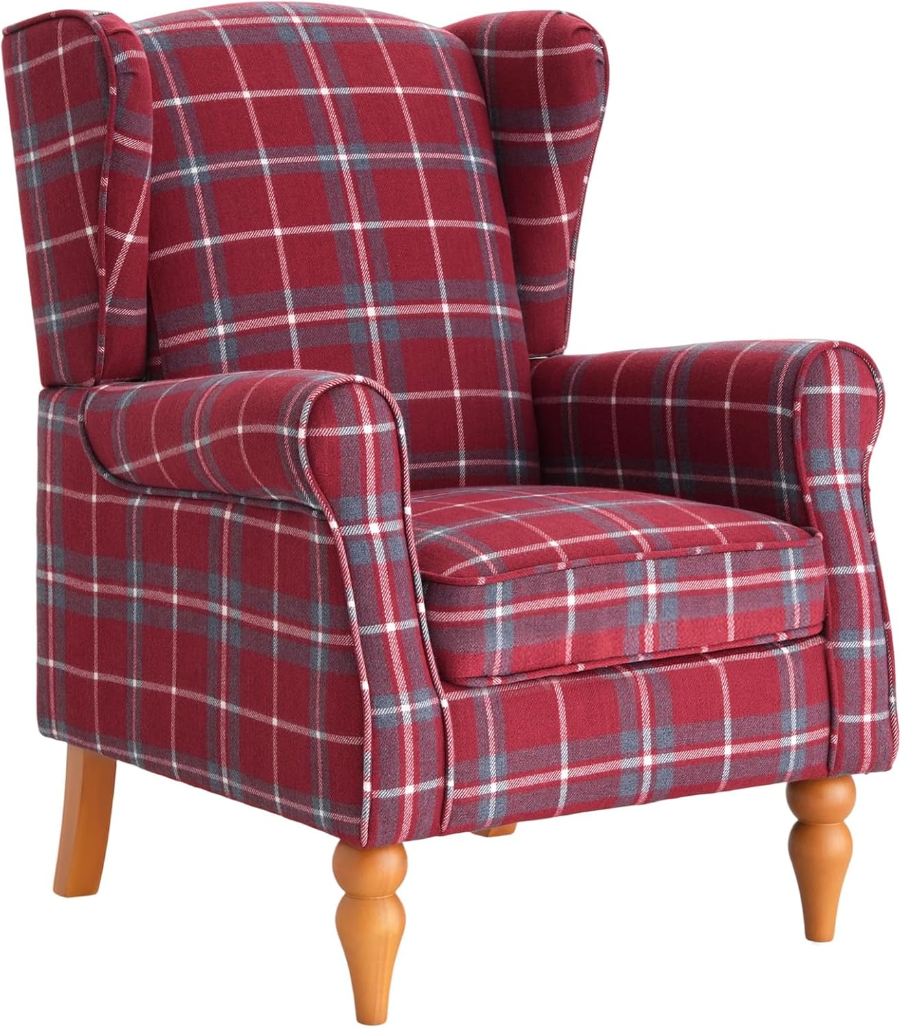 Ohrensessel, Vintage Sessel mit Holzfüße, gepolsterte Relaxsessel, Einzelsessel für Wohnzimmer, Schlafzimmer, Leinen (Rot)
