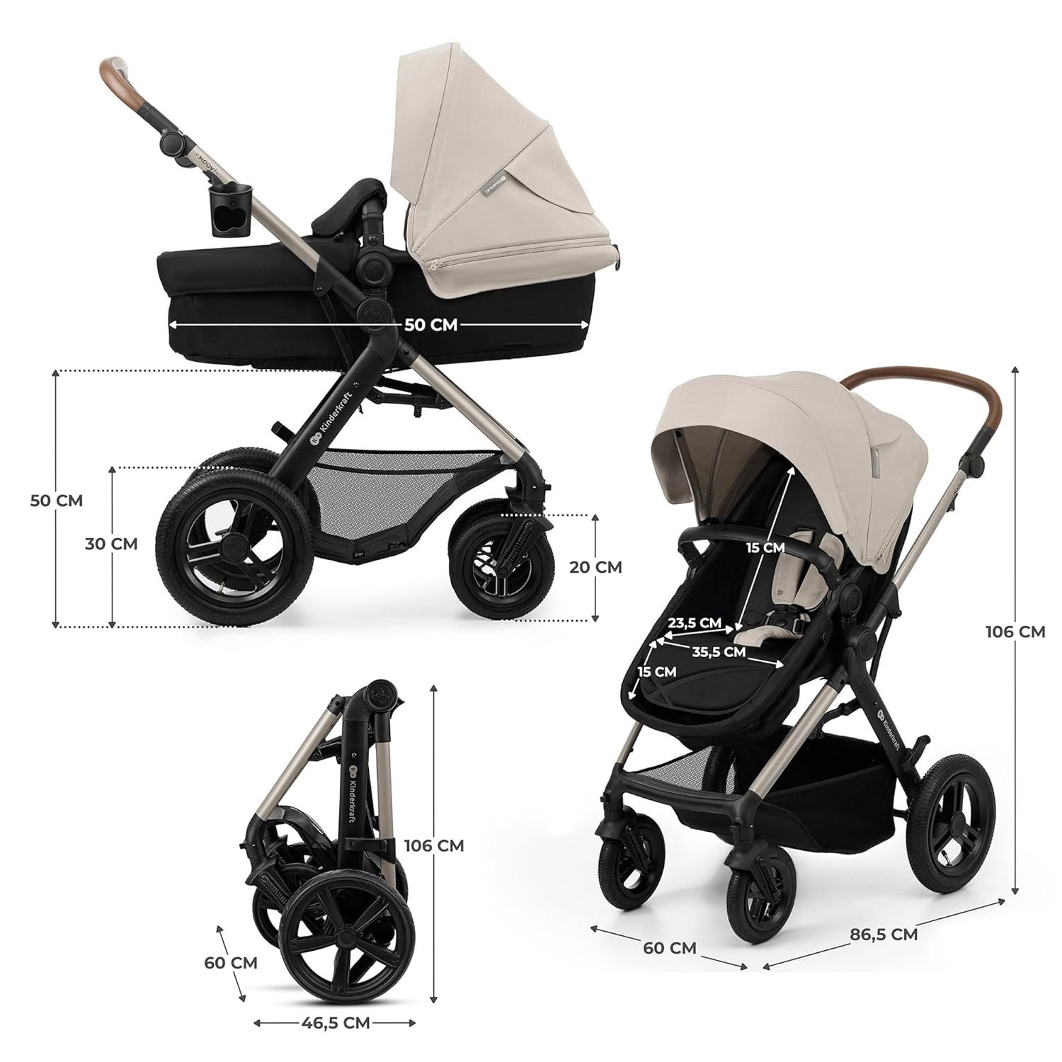 Kinderkraft MOOV2 AIR Kinderwagen 3 in 1 Kinderwagenset bis 26 kg mit Kindersitz I-SIZE 40-75 cm, Buggy Funktion, Liegeposition verstellbar, Große ausziehbare Verdeck, Aufblasbare Räder, Schwarz
