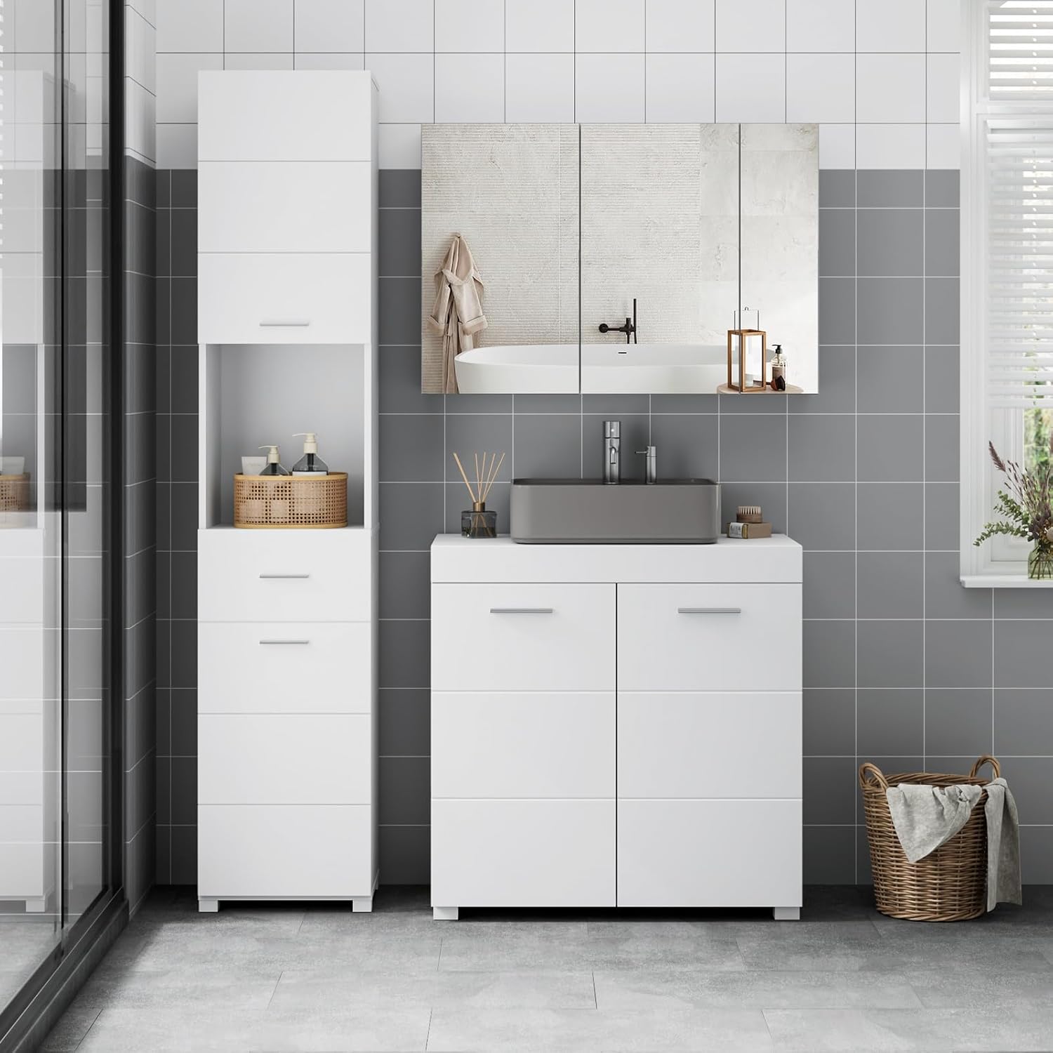 FOREHILL Badmöbel Set weiß, 3 Teile, mit Waschbeckenunterschrank, Hochschrank, Spiegelschrank