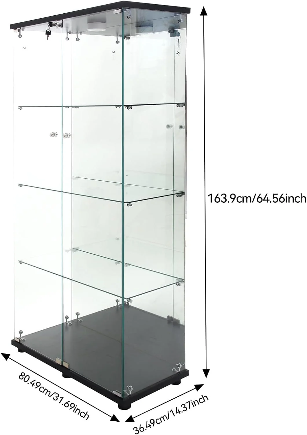 Vitrina Cristal Expositora con Luz, Puerta Cerradura, 4 estantes - Grande Vitrina de Colecciones,Vitrina de pie para Sala Oficina(Espalda Espejo)