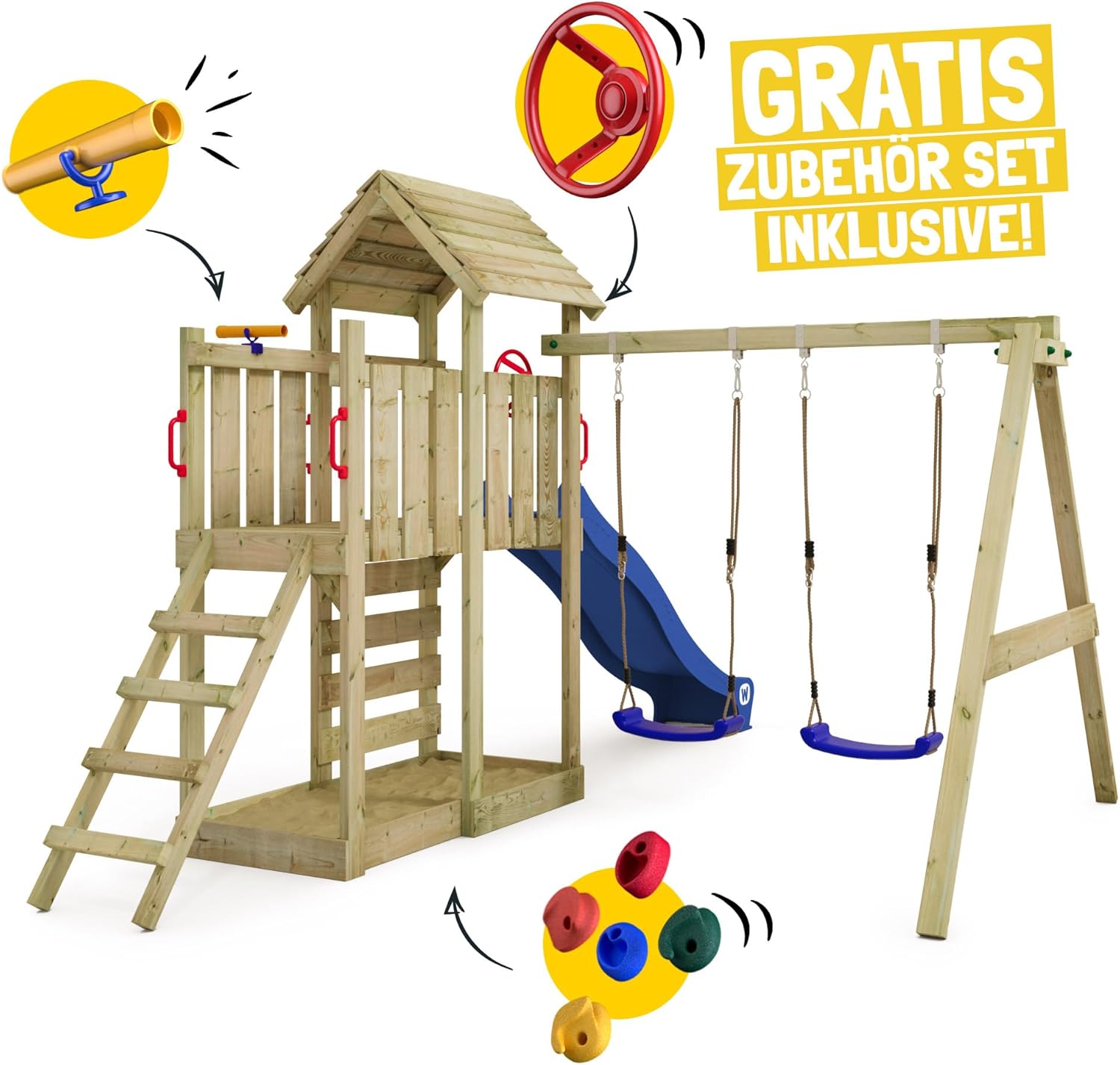 WICKEY Spielturm Klettergerüst MultiFlyer mit Holzdach, Schaukel & pastellgrüner Rutsche, Outdoor Kinder Kletterturm mit Sandkasten, Leiter & Spiel-Zubehör für den Garten
