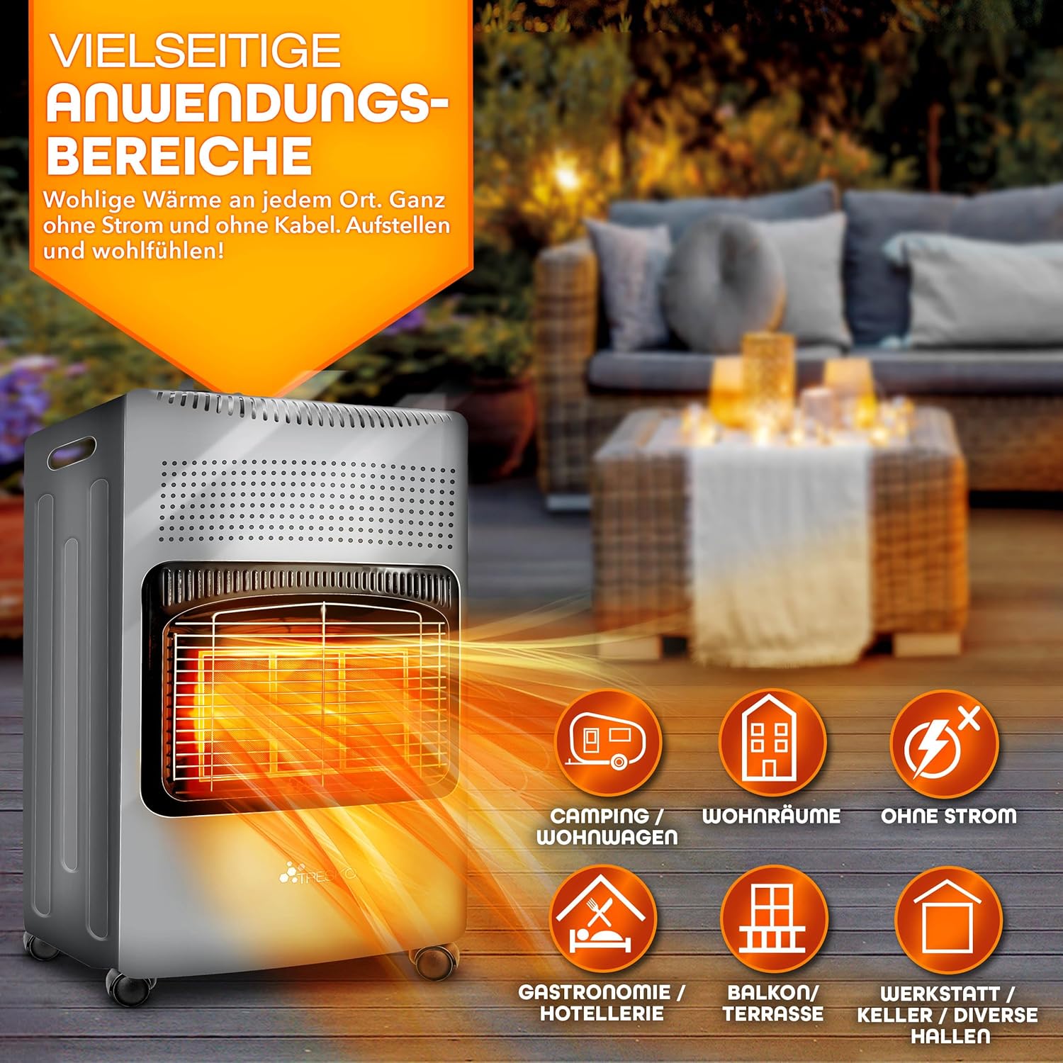 TRESKO 4200 Watt Gasheizung inkl. Gasdruckregler Gasschlauch + Abdeckung | Gasheizer Gasofen Gasheizofen mit 3 Stufen | Infrarot Gasheizgerät (Grau)