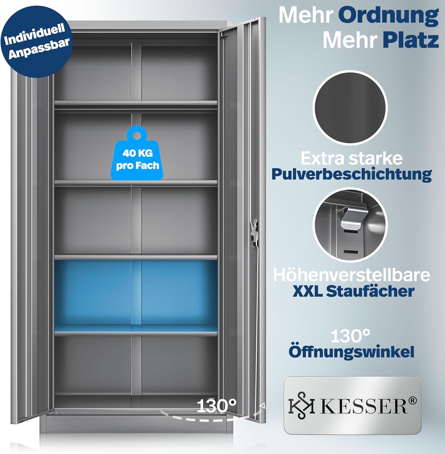 KESSER® Aktenschrank abschließbar mit Flügeltüren 180x80x40cm | Büroschrank aus Stahl mit 4 höhenverstellbaren Einlegeböden | Mehrzweckschrank 5 flexible Fächer, max. 40 kg pro Fach, inkl. 2 Schlüssel