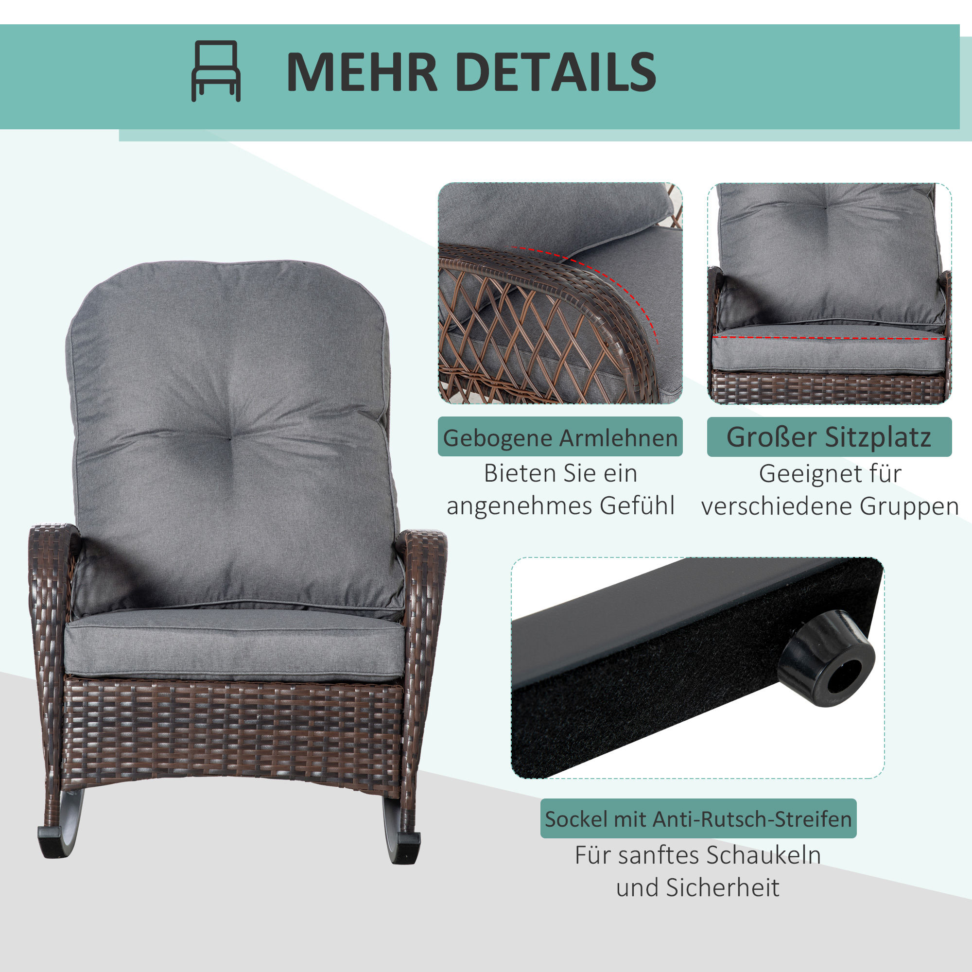 Outsunny poly rotan schommelstoel, schommelstoel, tuinstoel met kussen, loungemeubels, tuinmeubelen, terrasmeubels, bruin, 75 x 103 x 96 cm