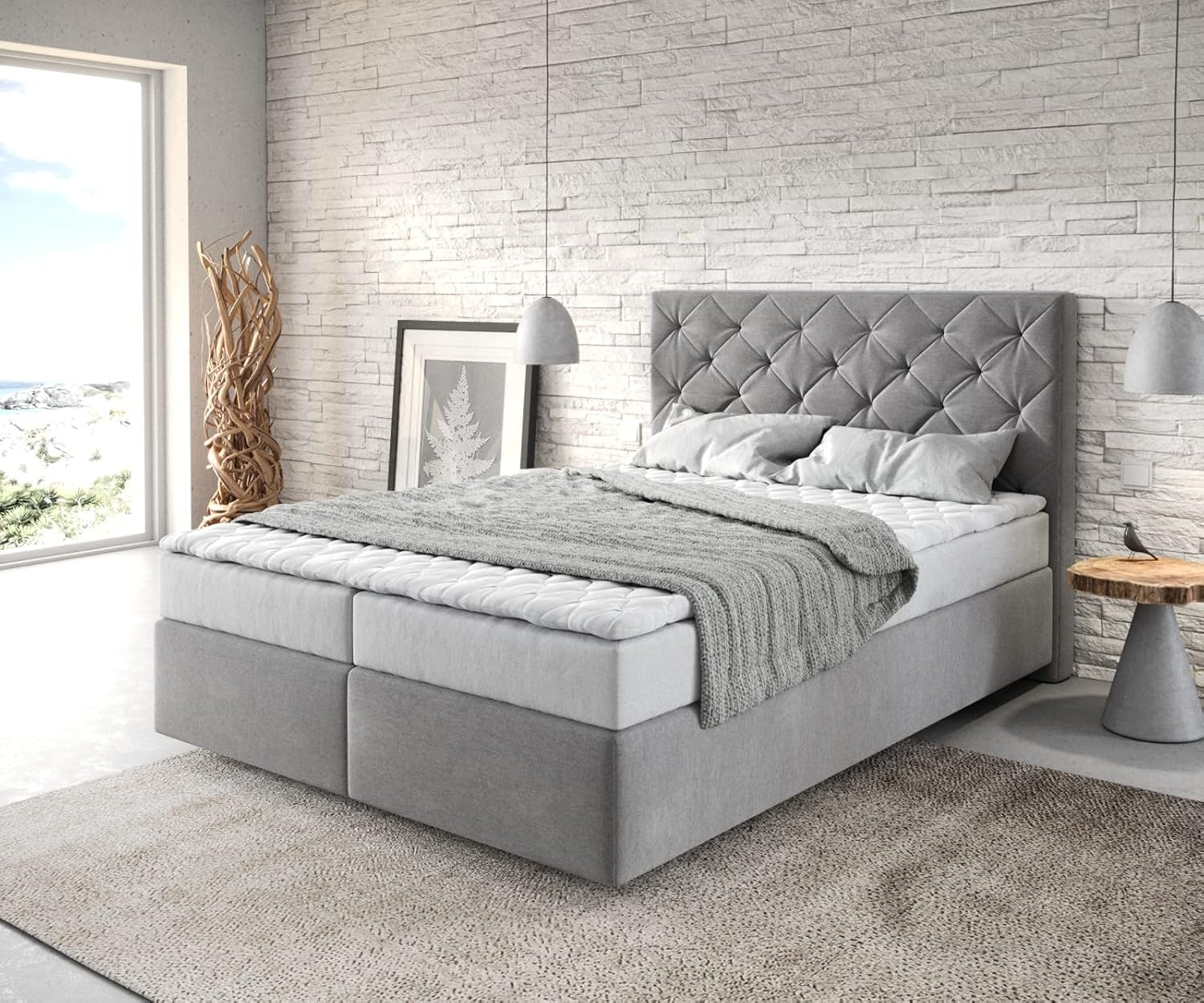 DELIFE Boxspringbett Dream-Great Mikrofaser Grau 140x200 cm mit Matratze und Topper