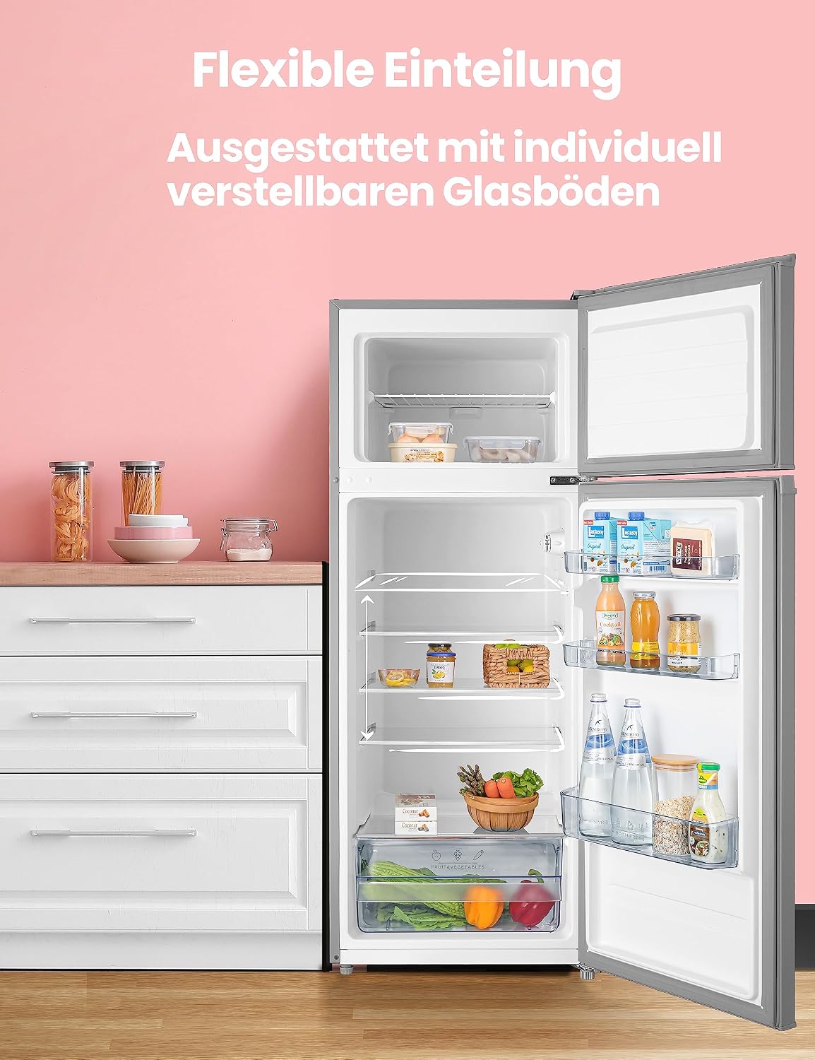 Comfee RCT284DS2 Kühl-/Gefrierkombination/Gefrierteil oben/176 kWh/Jahr/143cm Höhe/LED Licht/Reversibles Türscharnier/Silber