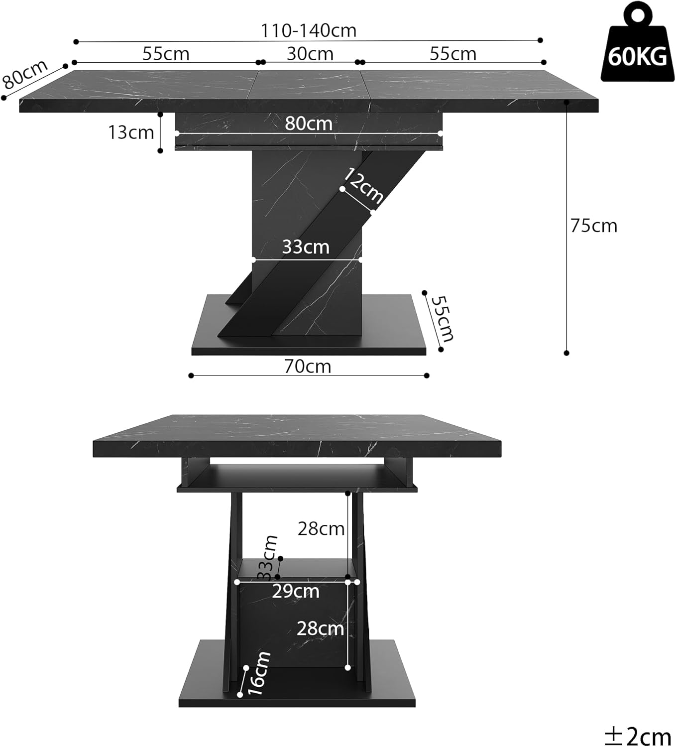 Esstisch Ausziehbar mit Stauraum Tischbeine für 4-6 Personen, Esszimmertische Küchentisch mit Unverwechselbare Muster, Esstisch Holz Esszimmertisch Ausziehbar, 110-140x80x75 cm, Schwarz