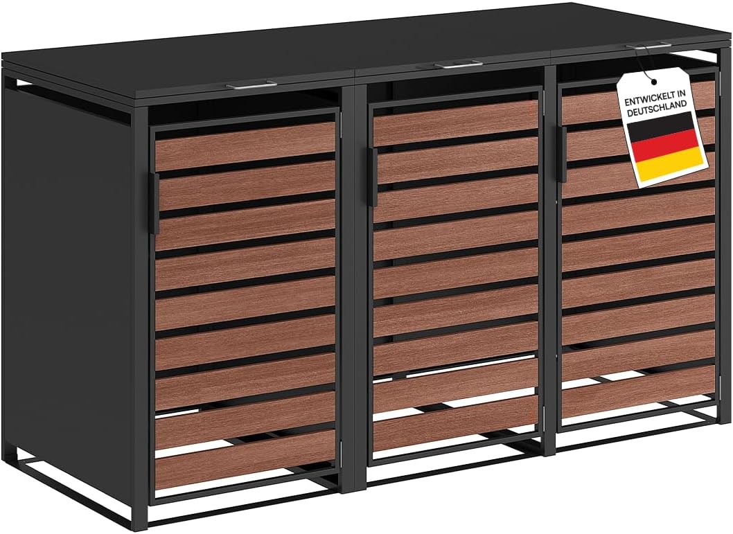 STEELSØN Kestra Mülltonnenbox 3er bis 240L – Mülltonnenverkleidung Stahl mit Sichtstreifen in Nußbaum-Holzoptik – hochwertige Müllcontainer 3 Tonnen – Müllbox in Graphitschwarz – Gerätebox wetterfest