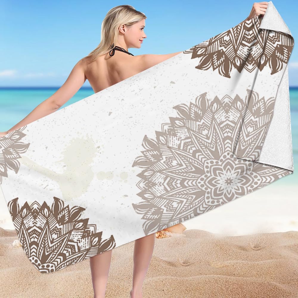 Mikrofaser-Strandtuch, 90 x 180 cm, weich, leicht, saugfähig, Mandala-Design für Erwachsene, perfekt für Schwimmen, Fitnessstudio, Sport und Reisen, Grau-Beige