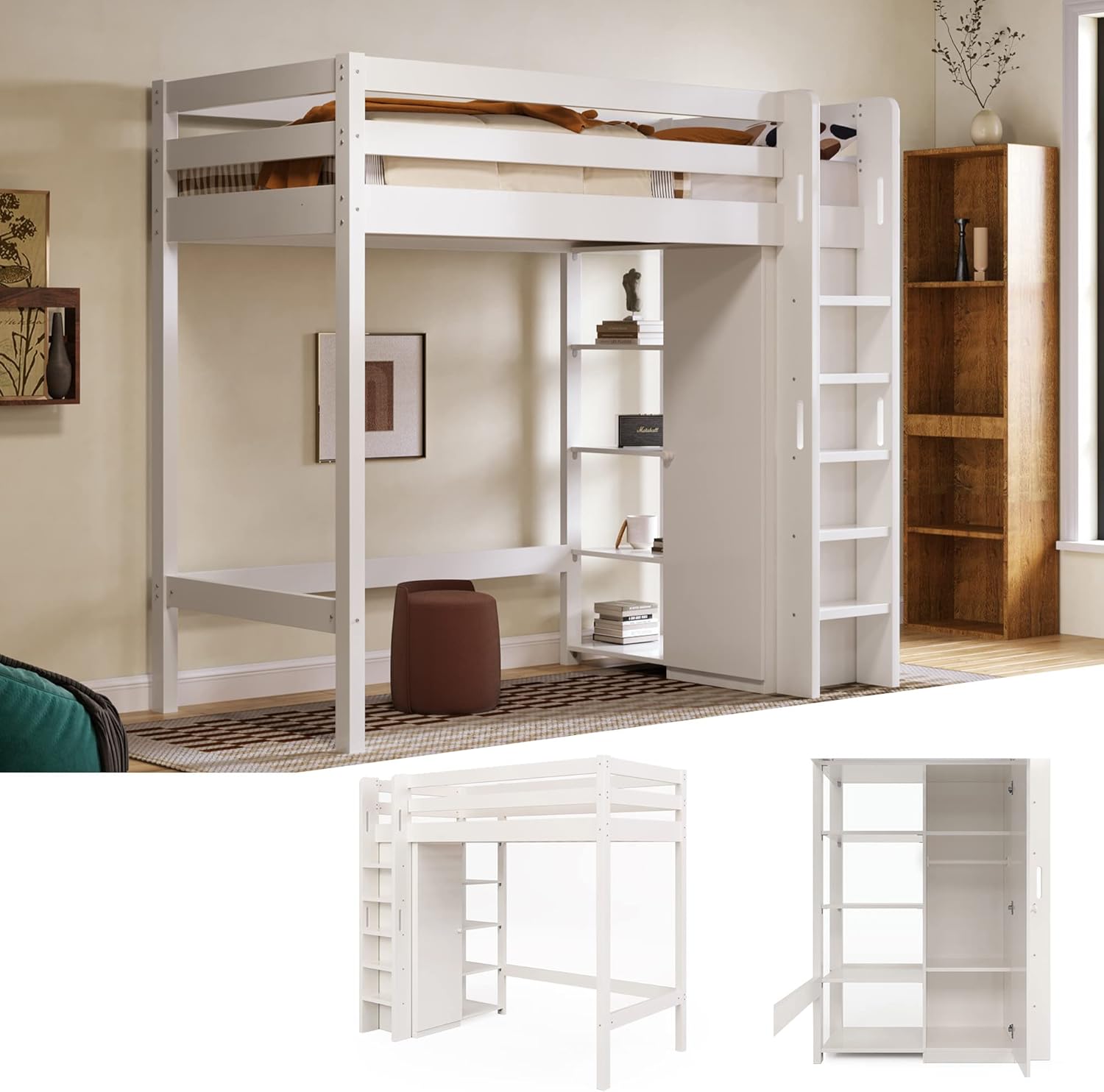 Hochbett Kinderbett 90x200 cm mit Kleiderschrank, Etagenbett Bett mit Stauraum Regalen, Einzelbett mit Leiter und Rausfallschutz, Jugendbett mit Lattenrost, Ohne Matratze, Weiß