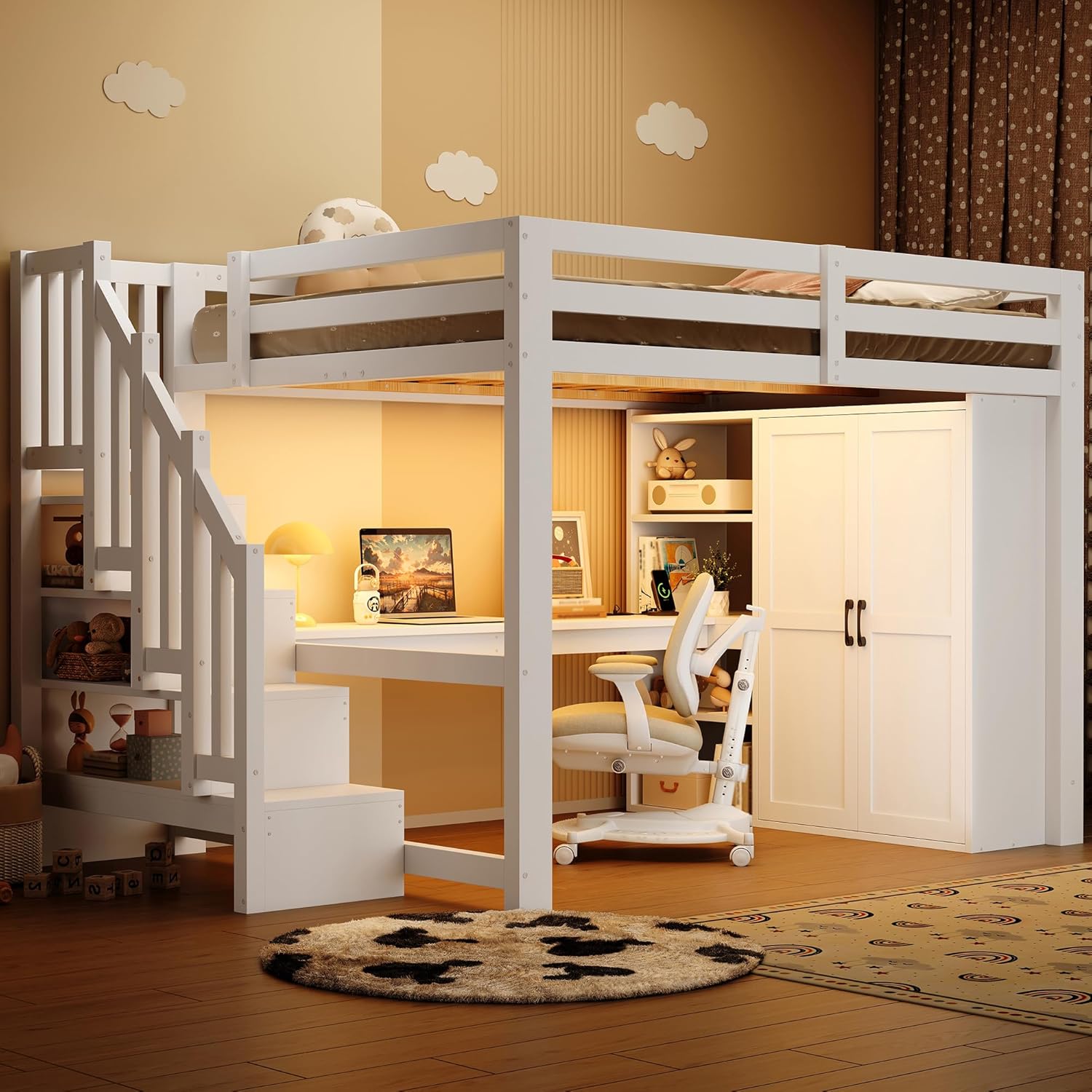 140x200 Hochbett mit Schreibtisch und Regal, Kleiderschrank, Stauraumtreppe, USB und LED-Leuchten, Weiß