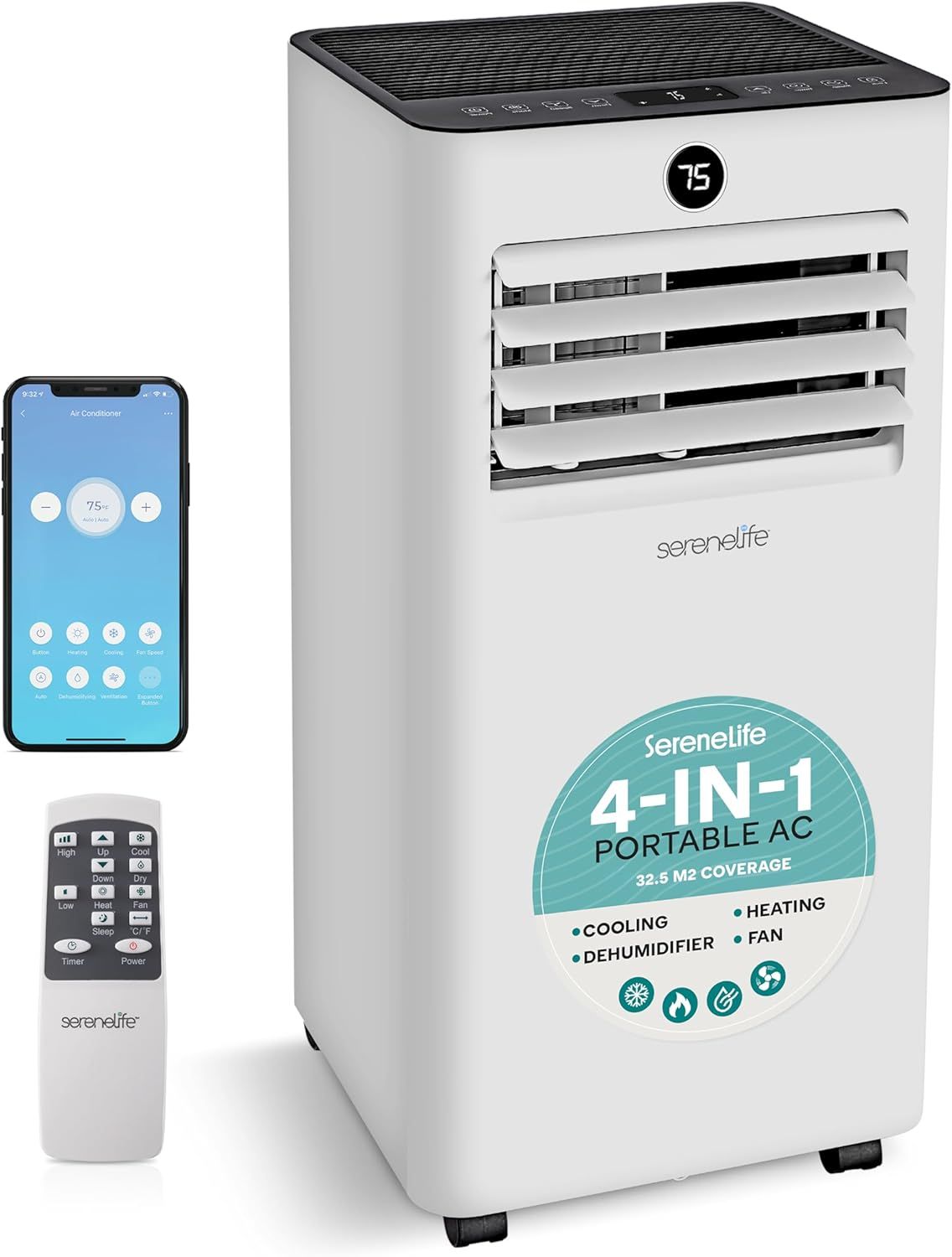 SereneLife 7000 BTU Portable Air Conditioner and Heater with WiFi, 4-in-1 with Dehumidifier and Fan, Remote & Window Kit for 162 Sq Ft
