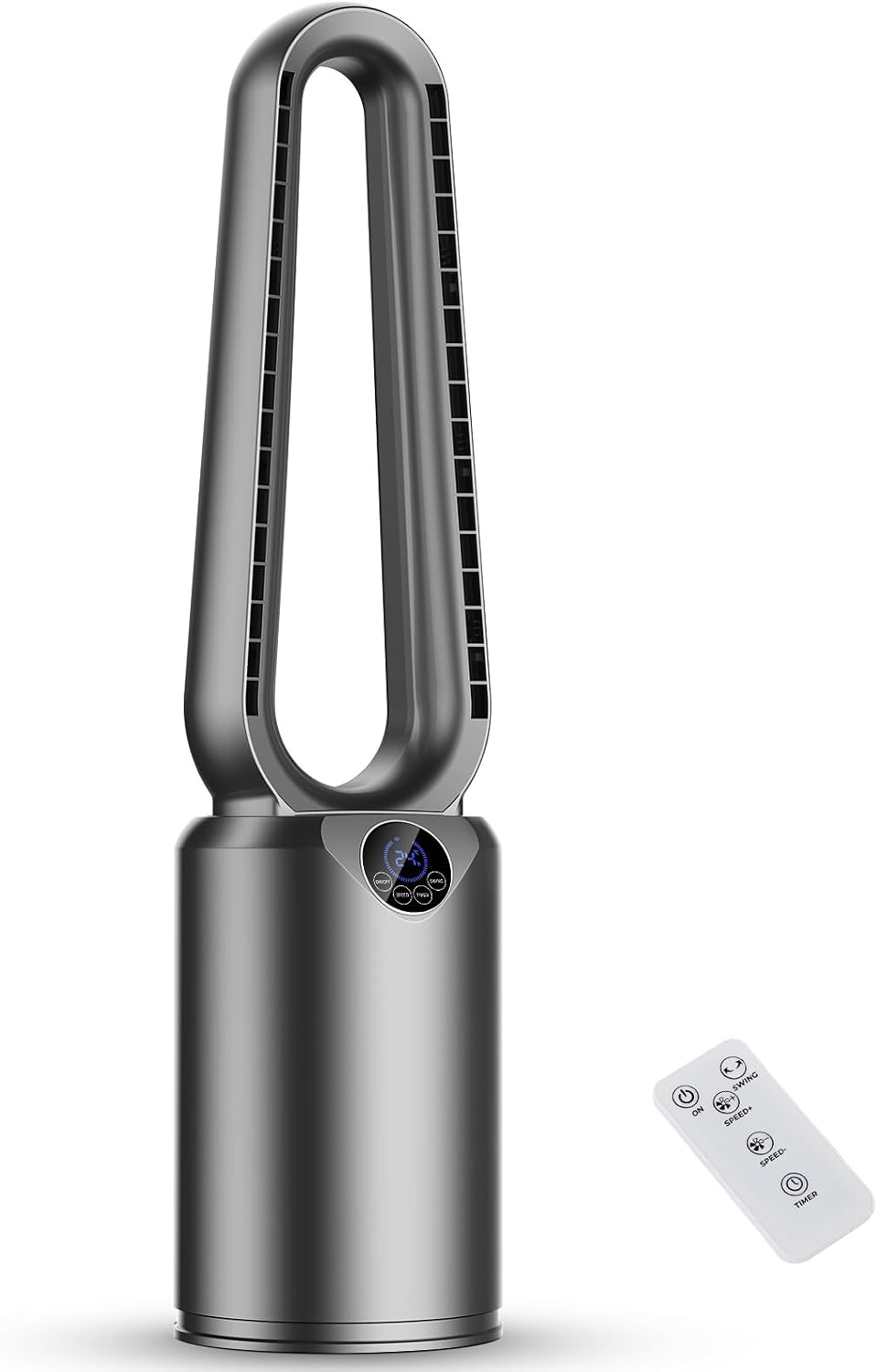 Turmventilator mit Luftreiniger & Fernbedienung | Sehr Leiser DC-Motor Ventilator | 90° oszillierende, 24 Geschwindigstufen, 3 Modi, LED-Display, 12h Timer, Standventilator für Luftzirkulation