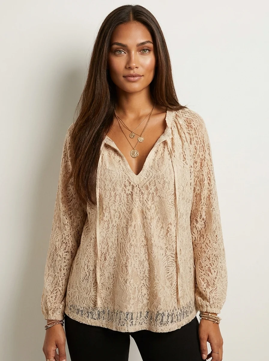 Damenbluse mit Spitze im Boho-Stil | Luftige Sommerbluse locker geschnitten | Feminine Spitzenbluse f��r Freizeit und Urlaub