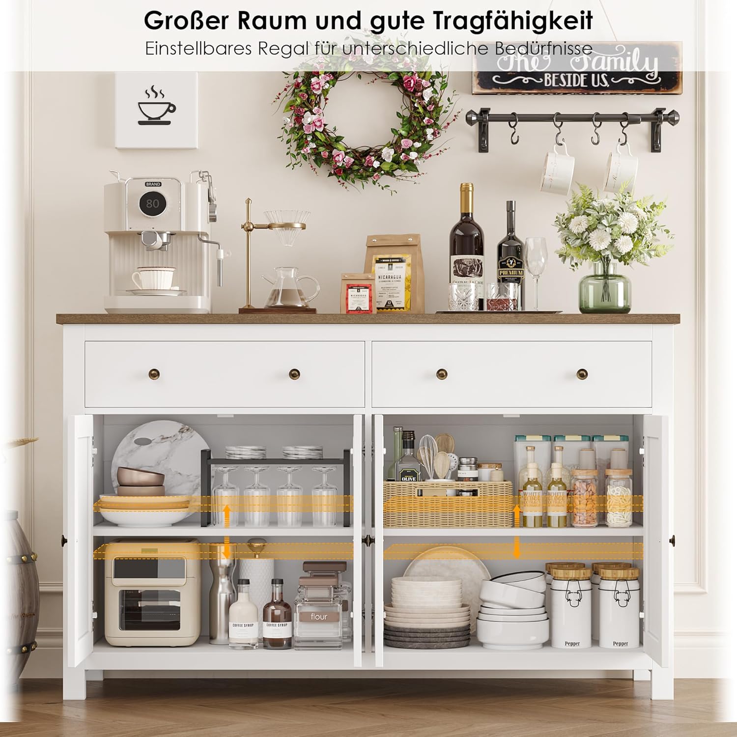 FirFurd Sideboard 140cm Breit Küchenschrank mit Arbeitsplatte Buffetschrank mit 2 Schubladen und 4 Türen Küchenbuffet mit Verstellbares Regal Sideboard für Küche Wohnzimmer Esszimmer weiß 140x89x40 cm