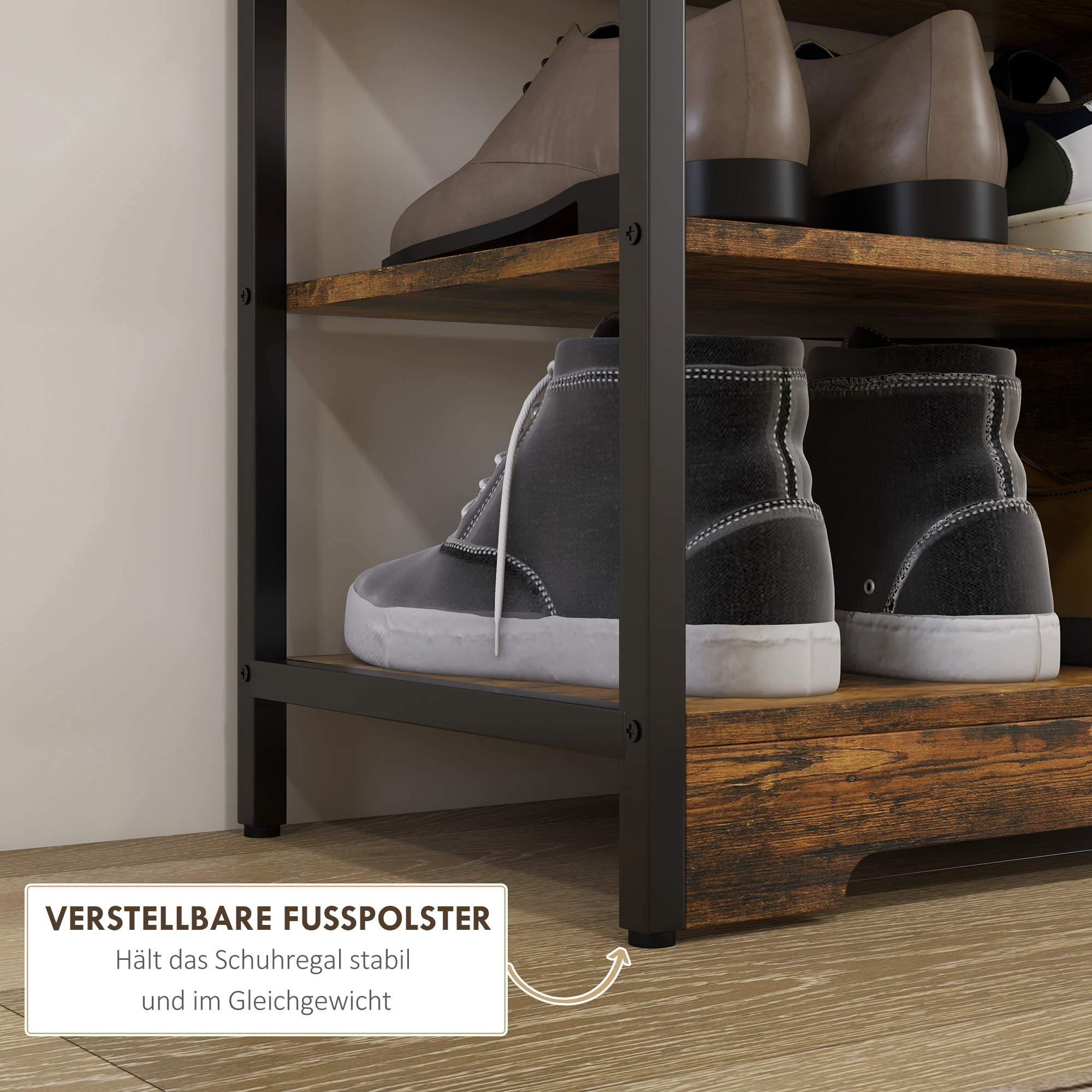 Schoenenrek 4-Laags, Open Ontwerp, Metalen Frame, Verstelbare Voetjes, 70x30x65 cm, Bruin/Zwart