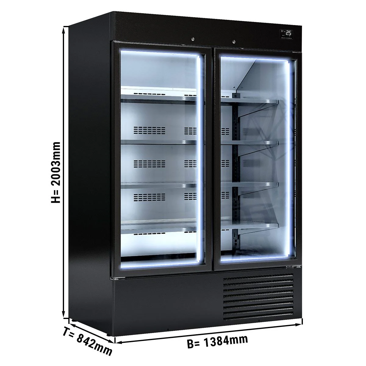 Kjølereol - 1 384 mm - 1 310 l - +4 °C til +8 °C - med 2 hengslede glassdører, med dobbelt isolerglass & 4 hyller - svart