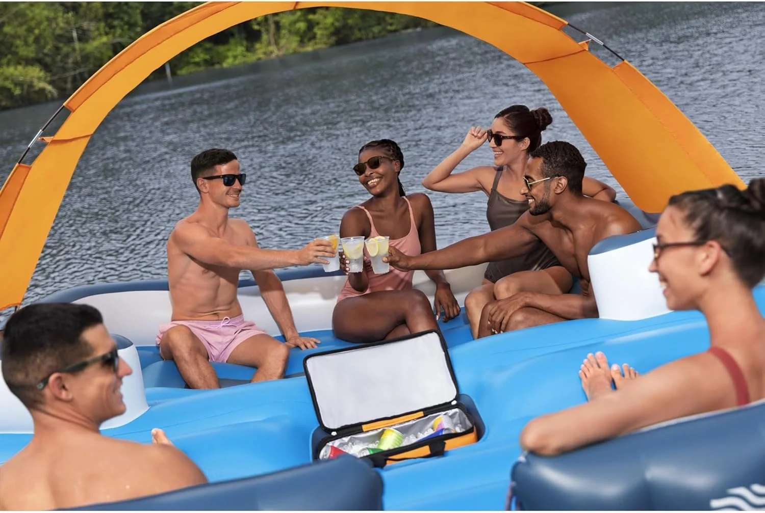 Tropical Breeze 6-persoons opblaasbaar feest-eiland, groot ontspannend waterspeelgoed met afneembaar zonnescherm en koeltas