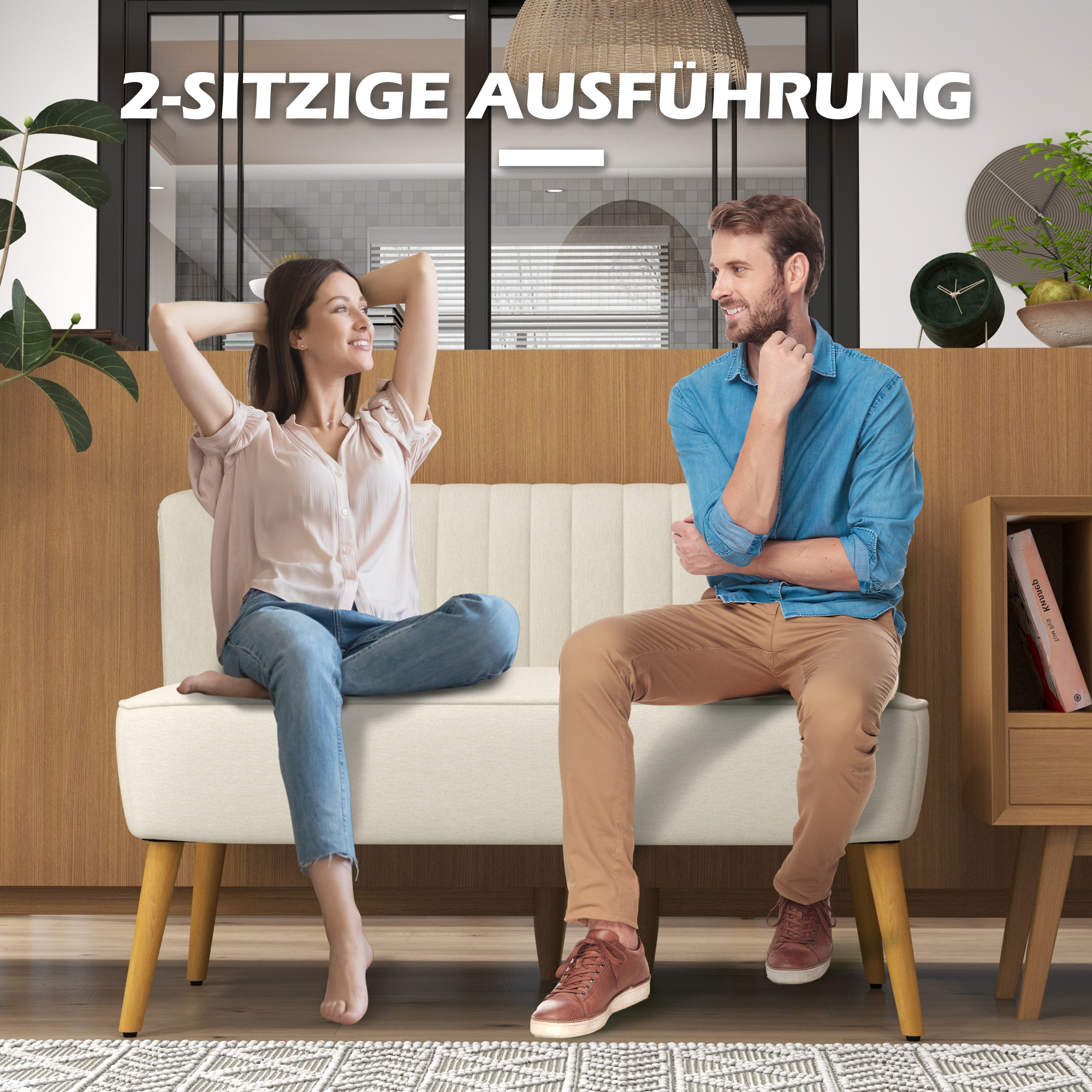 Sofa Retrodesign 2-zitsbank, houten poten, 117 cm x 56,5 cm x 77 cm, Wit