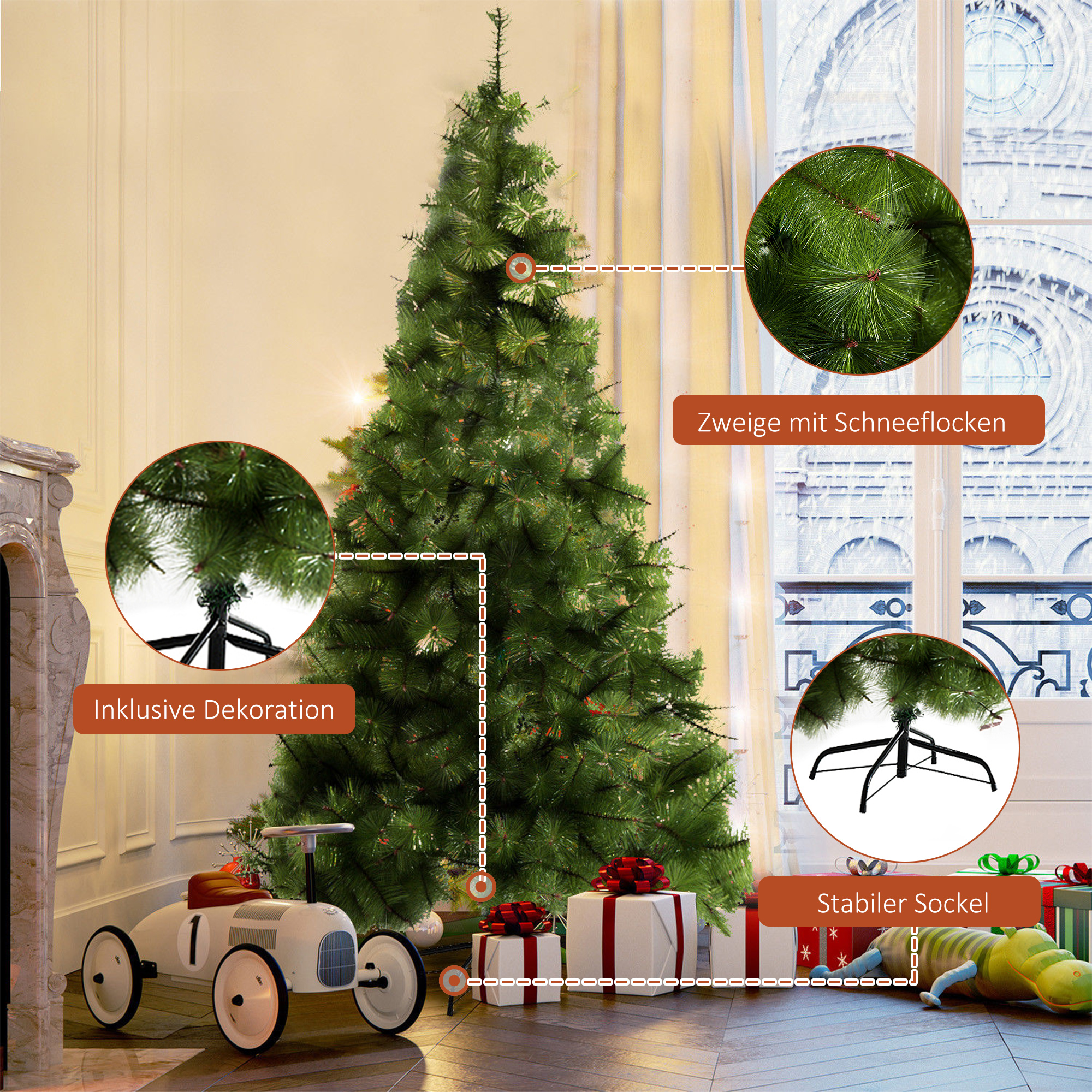 Kunstkerstboom 2,1 m kerstboom dennenboom 505 takken dichte takken eenvoudig te monteren authentieke kerstboom met metalen standaard PET metaal groen ? 90 x 210 cm