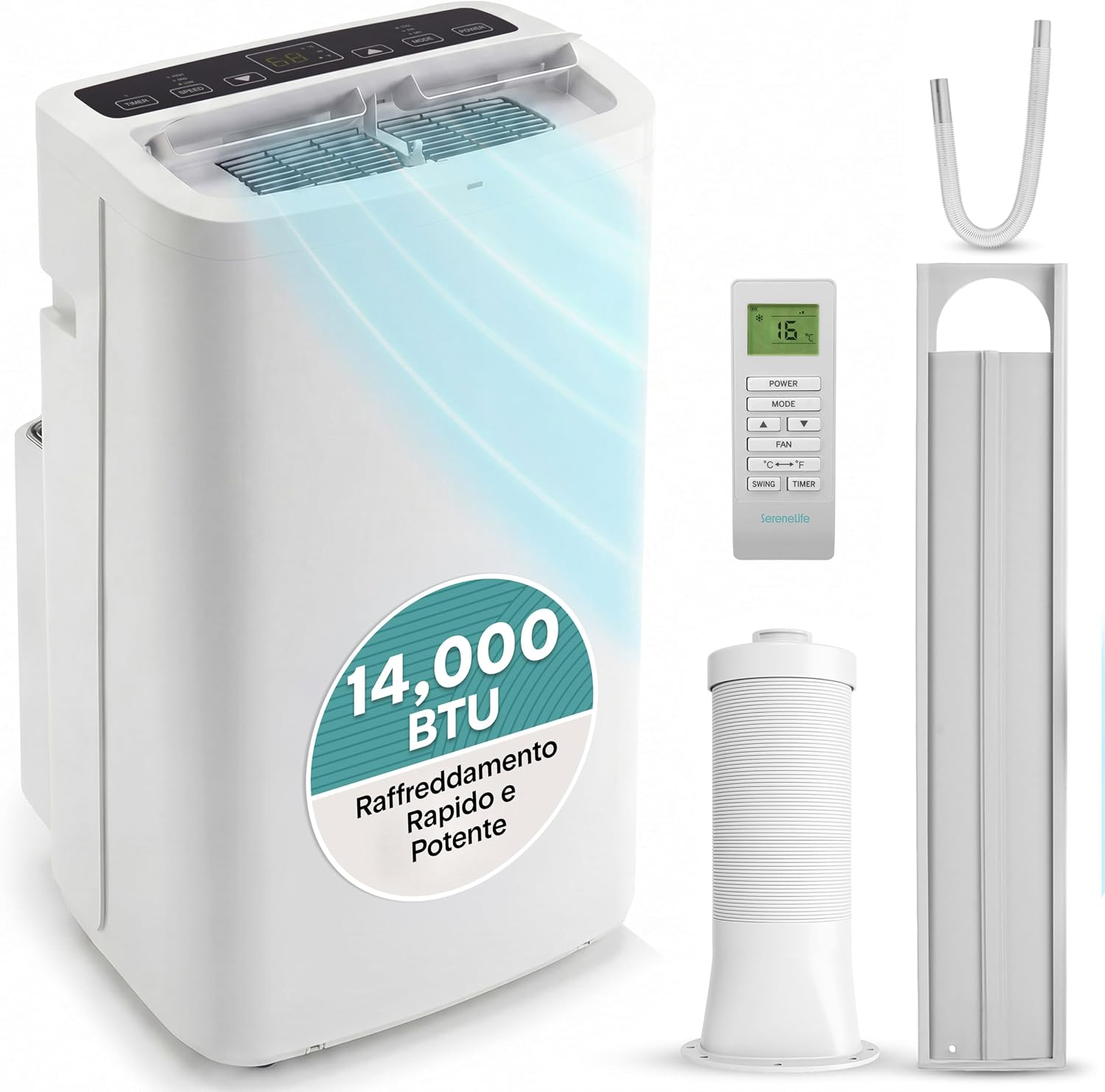 SereneLife Mobile Klimaanlage 4,1 kW 13000 BTU – Kleine Klimaanlage für Zimmer bis 105 m² Leise 52 dB Klimagerät fürs Schlafzimmer mit WLAN Entfeuchter, Lüfter, Fernbedienung