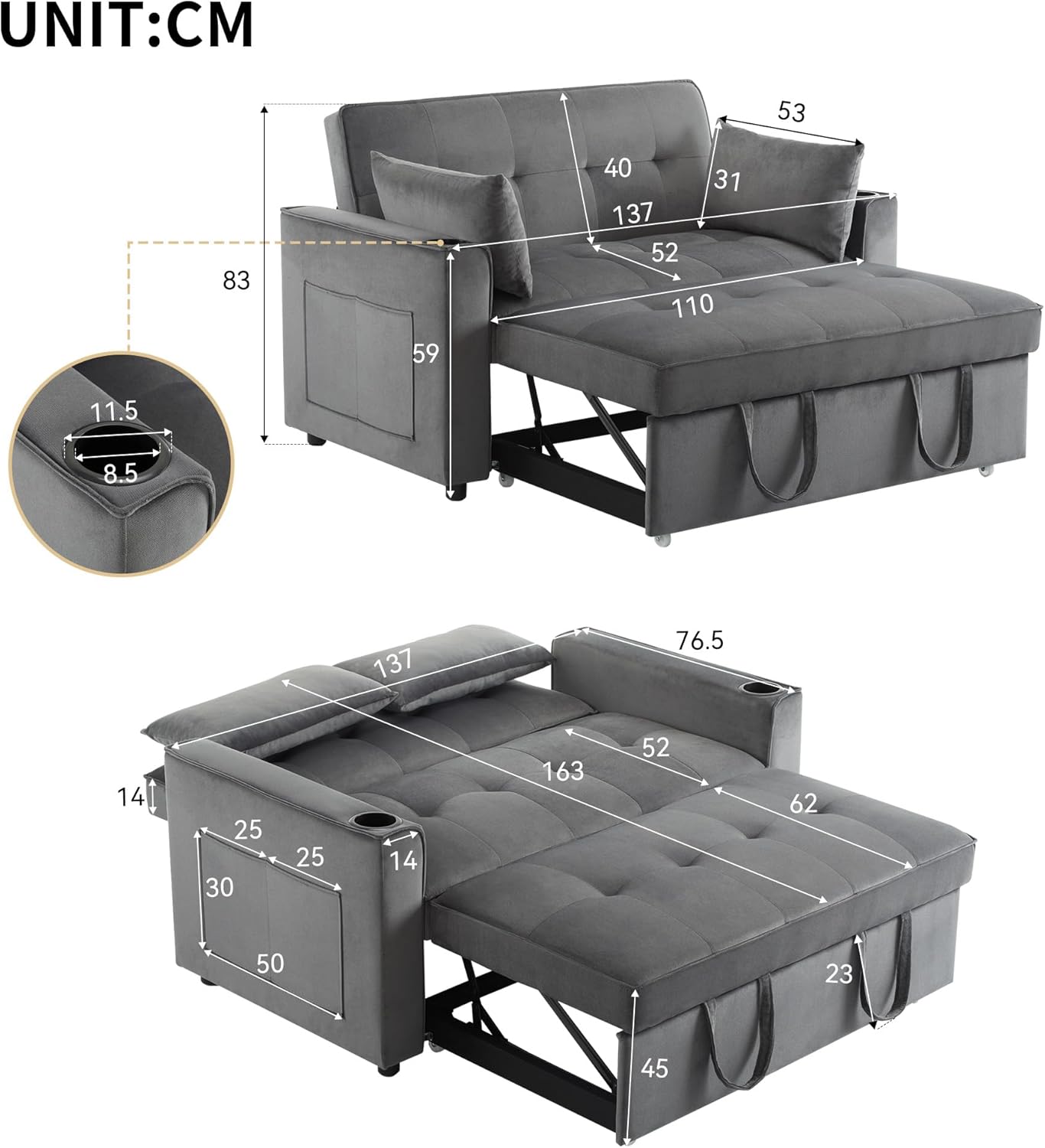 Merax Schlafsofa 2-Sitzer Sofa mit Schlaffunktion, Klappbares 3-in-1 Schlafcouch mit Verstellbarer Rückenlehne, Getränkehalter und Armlehnentaschen, aus Samt, Grau 137 x 76.5 x 83 cm