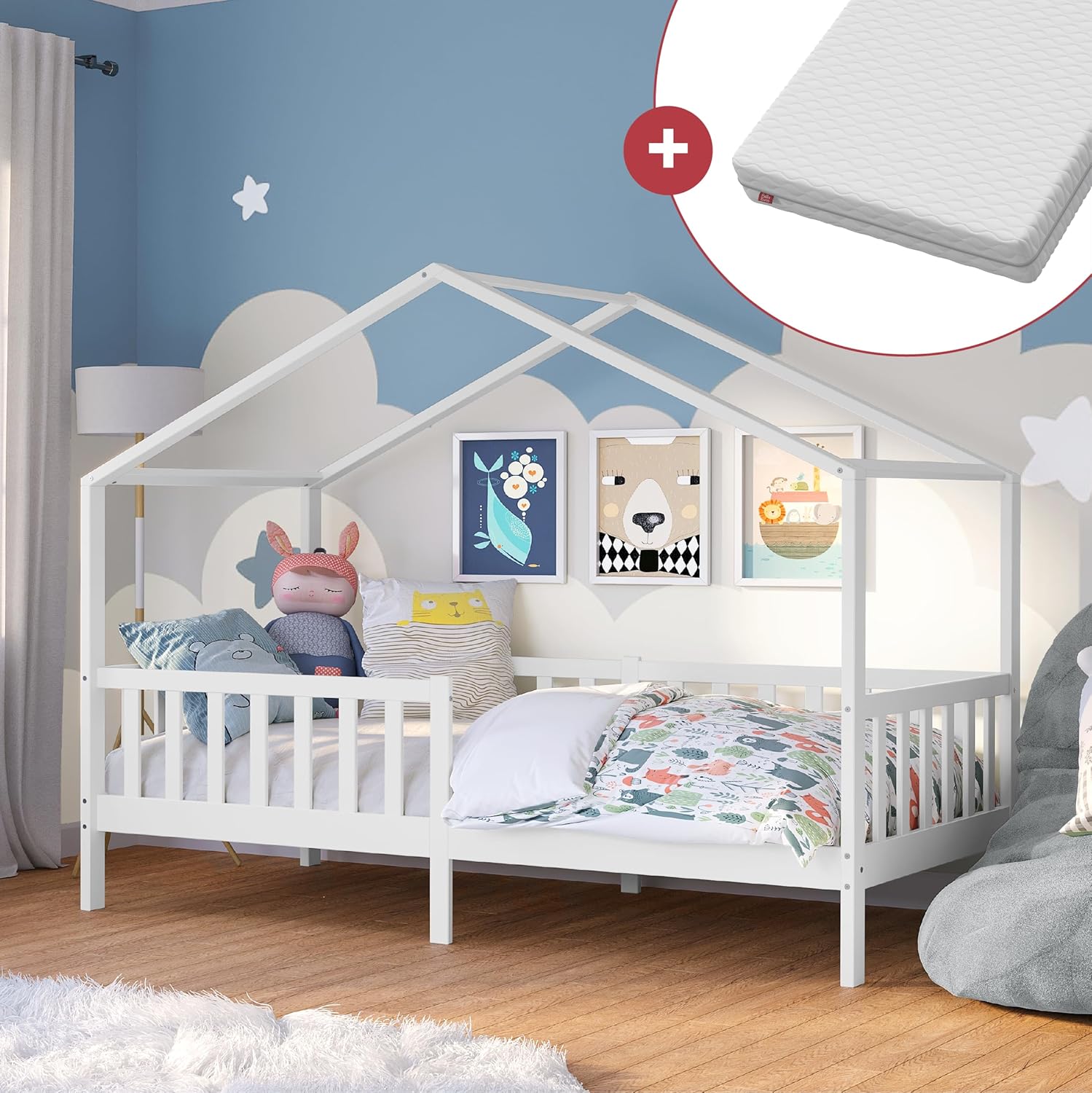Bellabino Kinderbett Bia 140x200 cm, Hausbett Kinder inkl. Rausfallschutz und Rolllattenrost, Montessori Bodenbett weiß aus Massivholz Kiefer