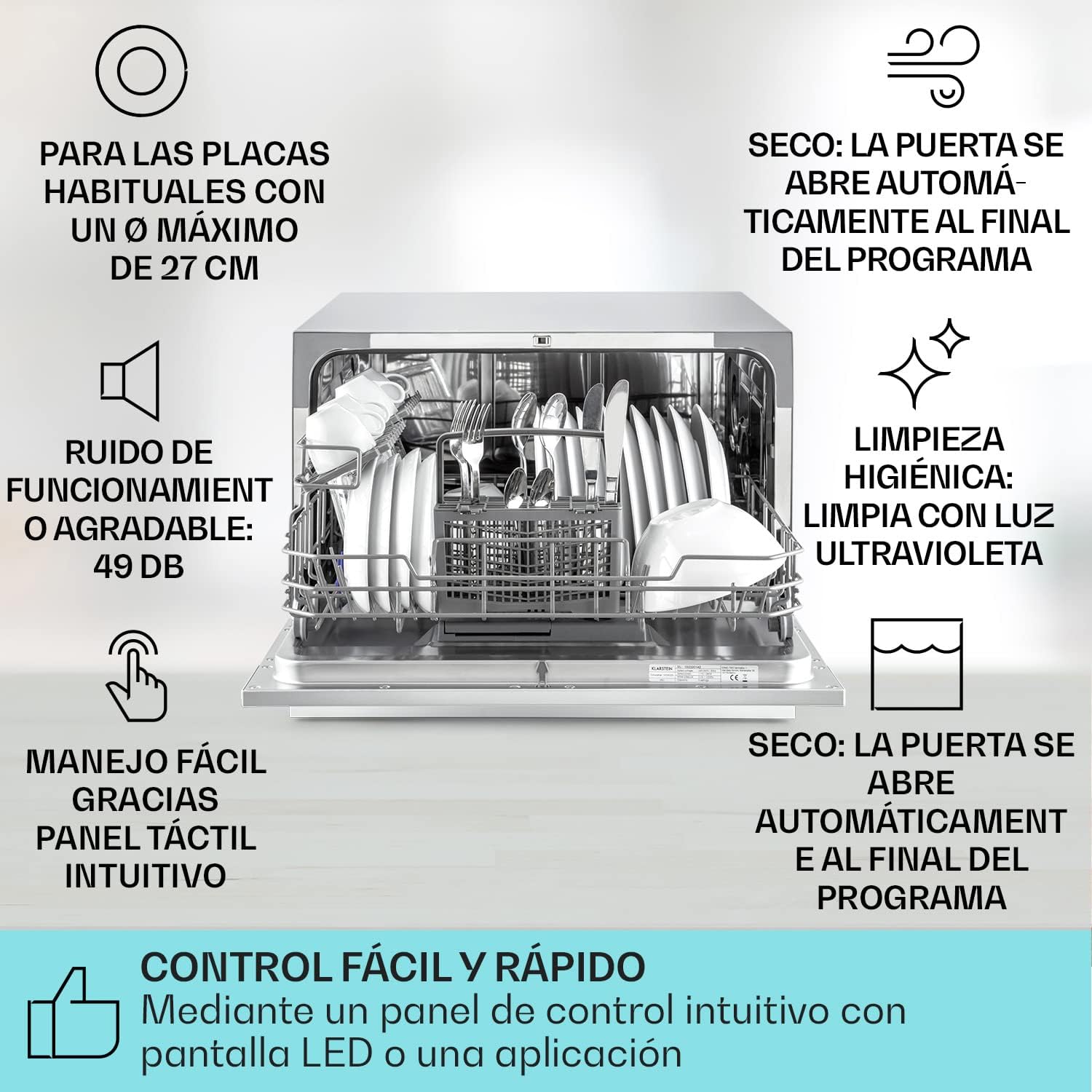 Lavavajillas Klarstein para Encimera Pequeña, Mini Lavavajillas 6 Cubiertos Portátil en Mesa Silenciosa, 6 Programas de Lavado, Lavavajillas Compacto para Uso en Hogar y Oficina