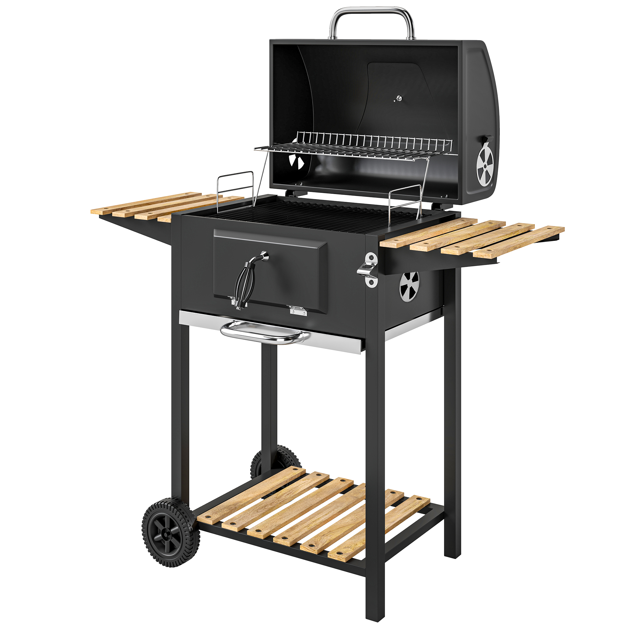 Houtskoolgrill met verstelbare kolenbak, grillwagen, planken, thermometer, flesopener, staal, hout, zwart