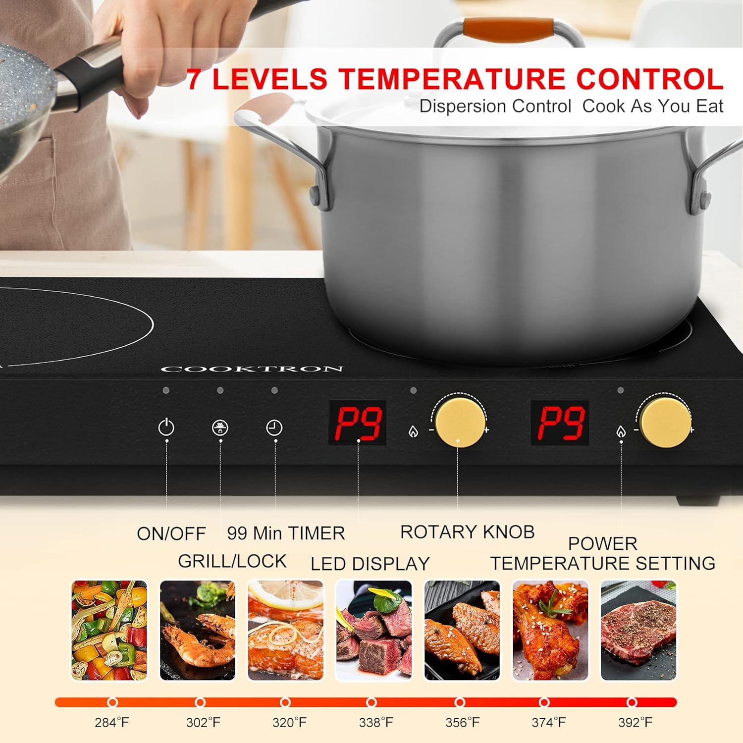 COOKTRON Portable Induktionskochfeld 2 Brenner mit abnehmbarem Eisen Guss Grillpfanne Antihaft, 2800W Doppelinduktionskochfeld mit Kindersicherung Zeit, ideal für Familienfeier