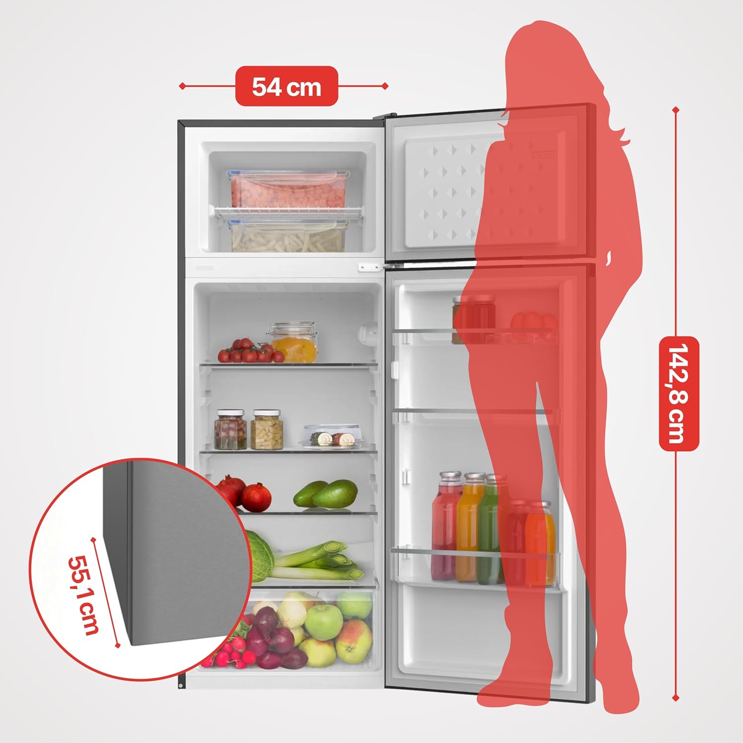 Amica Kühl‑Gefrierkombination freistehend 211 l FrostControl LED Beleuchtung 142,8 x 54 x 55,1 cm – Kühl Gefrierkombination Silber