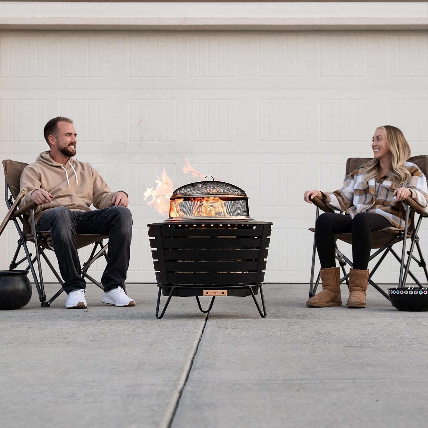 TIKI Patio & Celebration Fire Pit Screen & Poker Set �C Outdoor Fire Pit Spark Protector & Ember Guard �C Fire Poker Tool for Safe & Controlled Fires �C Durable Metal Fire Pit Accessories in Gold & Black