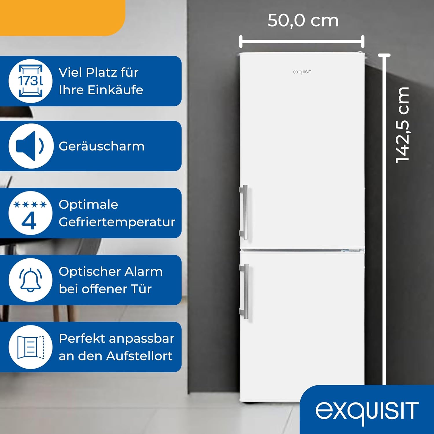 Exquisit Kühl-Gefrierkombination freistehend - Kühlschrank mit Gefrierfach, 173 l, 50 cm breit, 4-Sterne-Gefrierfach, LED, Türalarm, Weiß, KGC5233-60-HE-040D