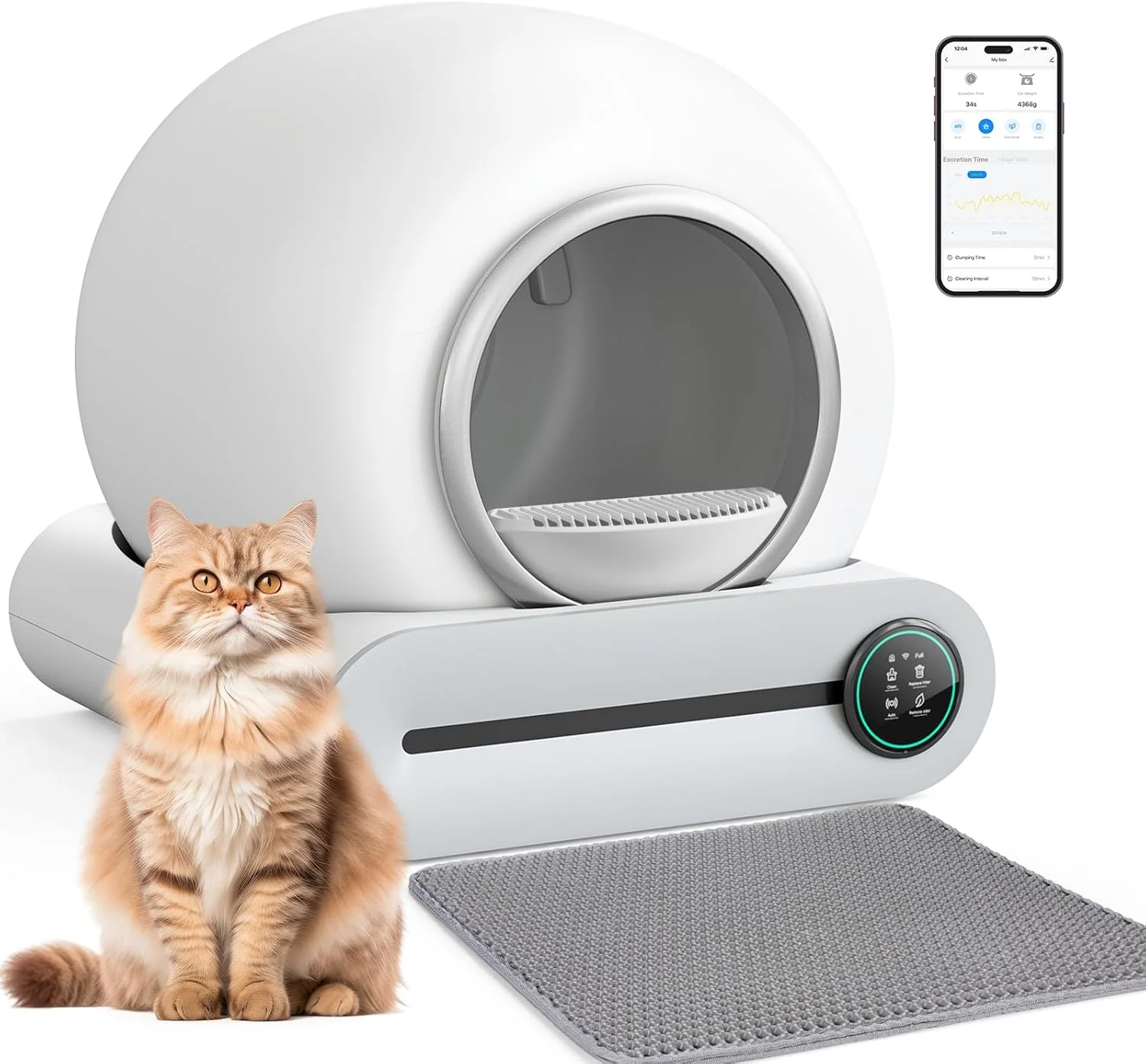 Selbstreinigende Katzentoilette, Automatische Katzentoilette mit Matte und Einlagen, 65 l + 9 l gro?e Kapazit?t, Selbstreinigende Katzentoilette, App-Steuerung/Geeignet f��r mehrere Katzen �C Grau