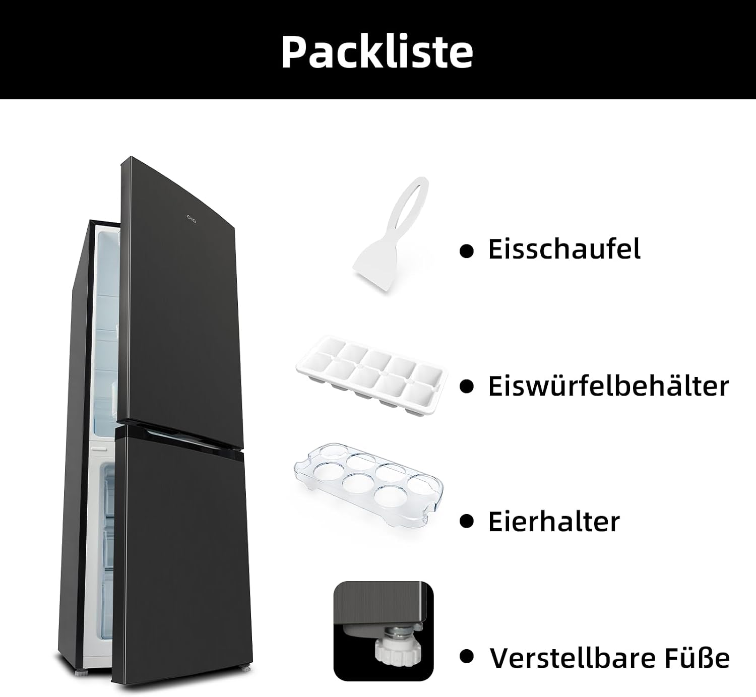 CHIQ Freistehender Kühlschrank mit Gefrierfach 157L (109L/48L) | Auto-Drain, 4-Sterne-Gefrierschrank | 47 cm B | LED Licht, Flexible Anpassung, Türausrichtung Wechselbar | Schwarz Inox