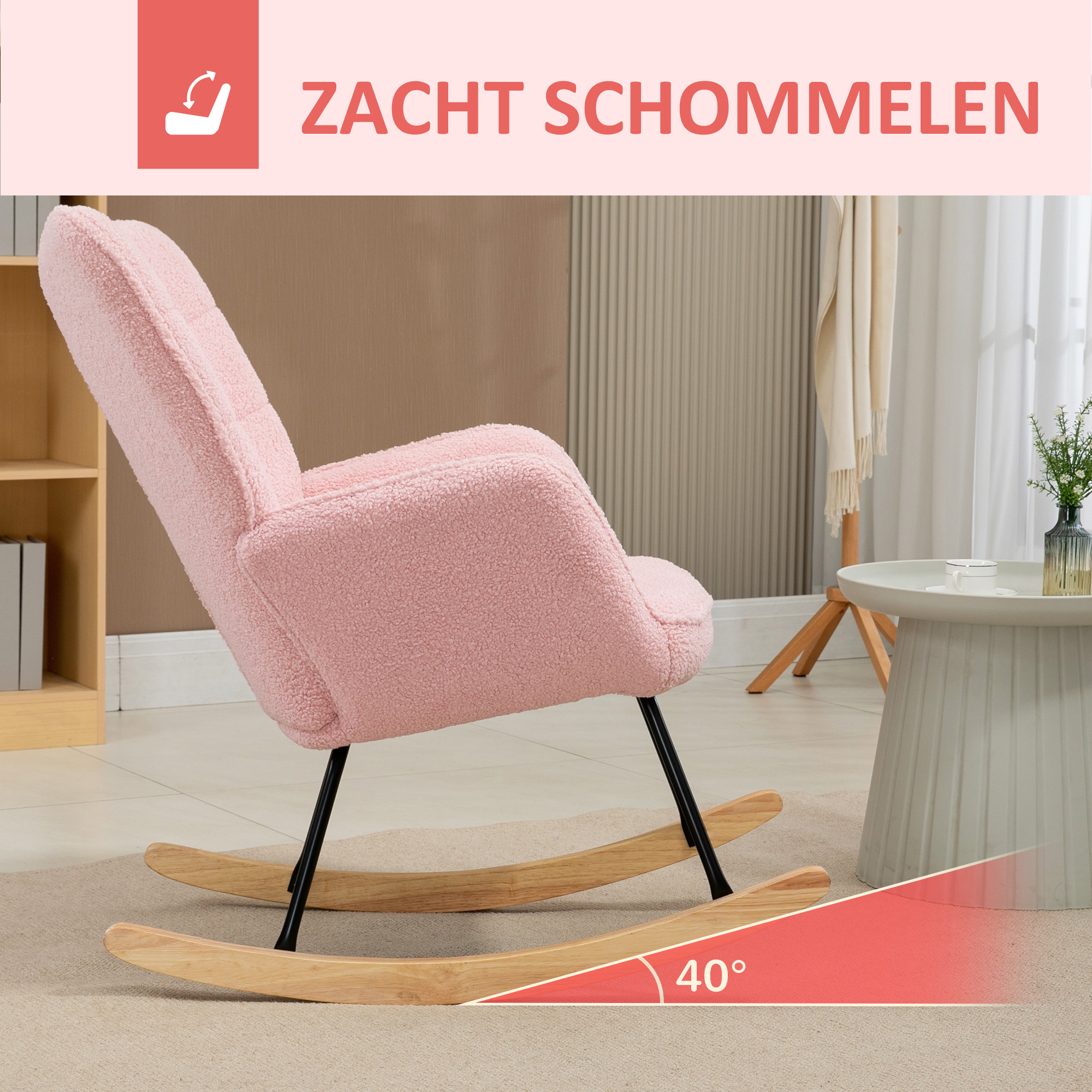 Schommelstoel in retro design, relaxfauteuil, massief hout, roze